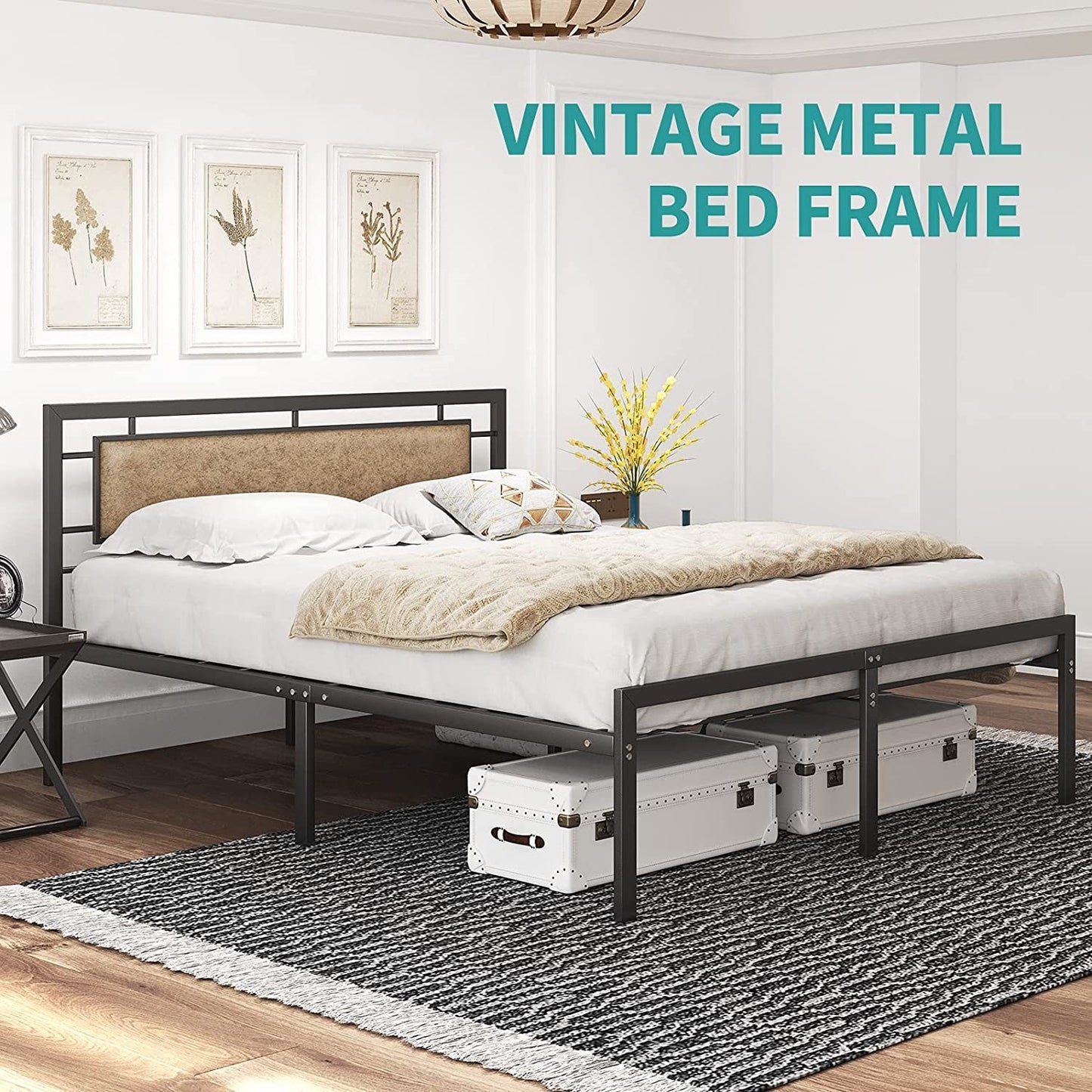 mecor Metal Queen Bed Frame with Upholstered Faux Leather Headboard