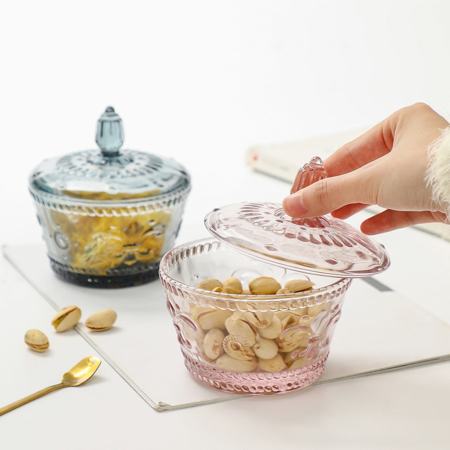 Colorful Embossed Glass Candy Jars with Lids