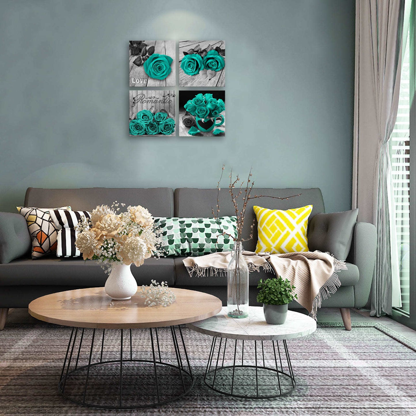Teal Wall Decor Rose Canvas Wall Art