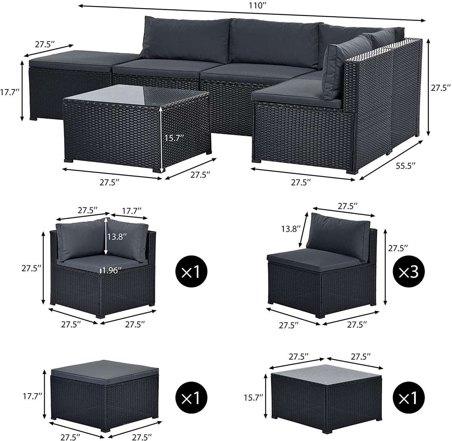 6-Piece Outdoor Furniture Set with PE Rattan Wicker, Patio Garden Sectional Sofa Chair, removable cushions