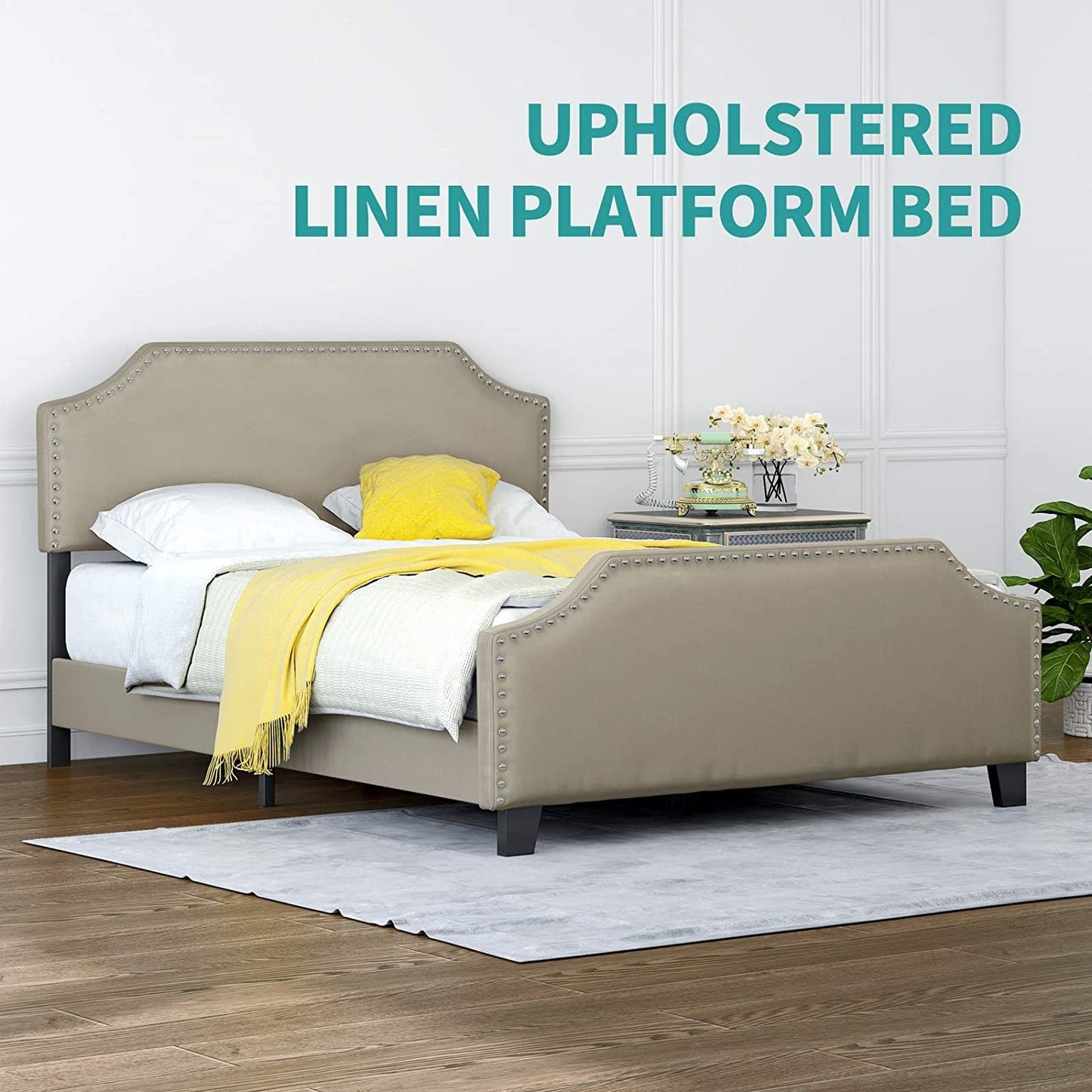 mecor Upholstered Linen Platform Bed, Nailhead Trim Full Size Bed Frame with Curved Headboard, Headboard Height Adjustable, Wood Slat Support - Stone Khaki / Full RT
