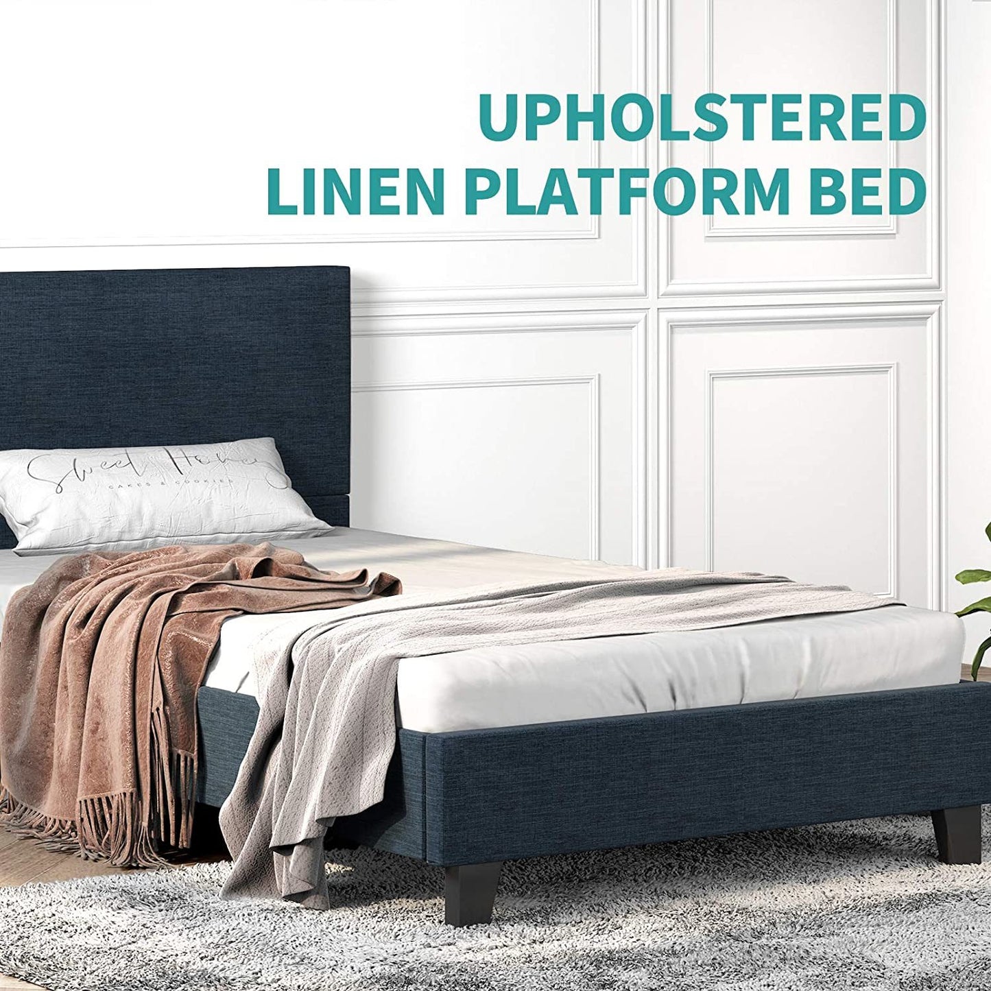 mecor Upholstered Linen Platform Bed Frame | Queen Bed Frame with Fabric Headboard