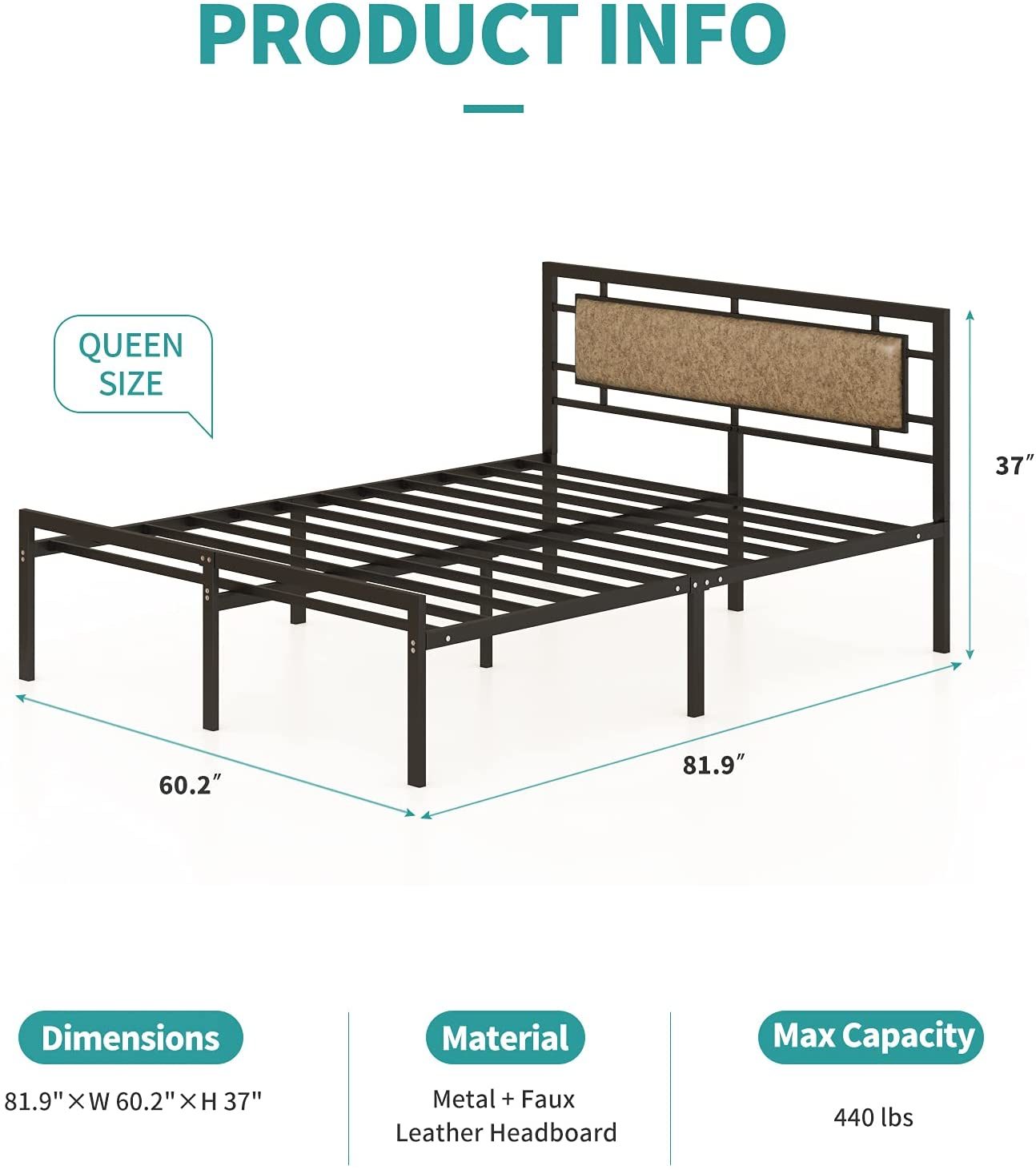 mecor Metal Queen Bed Frame with Upholstered Faux Leather Headboard