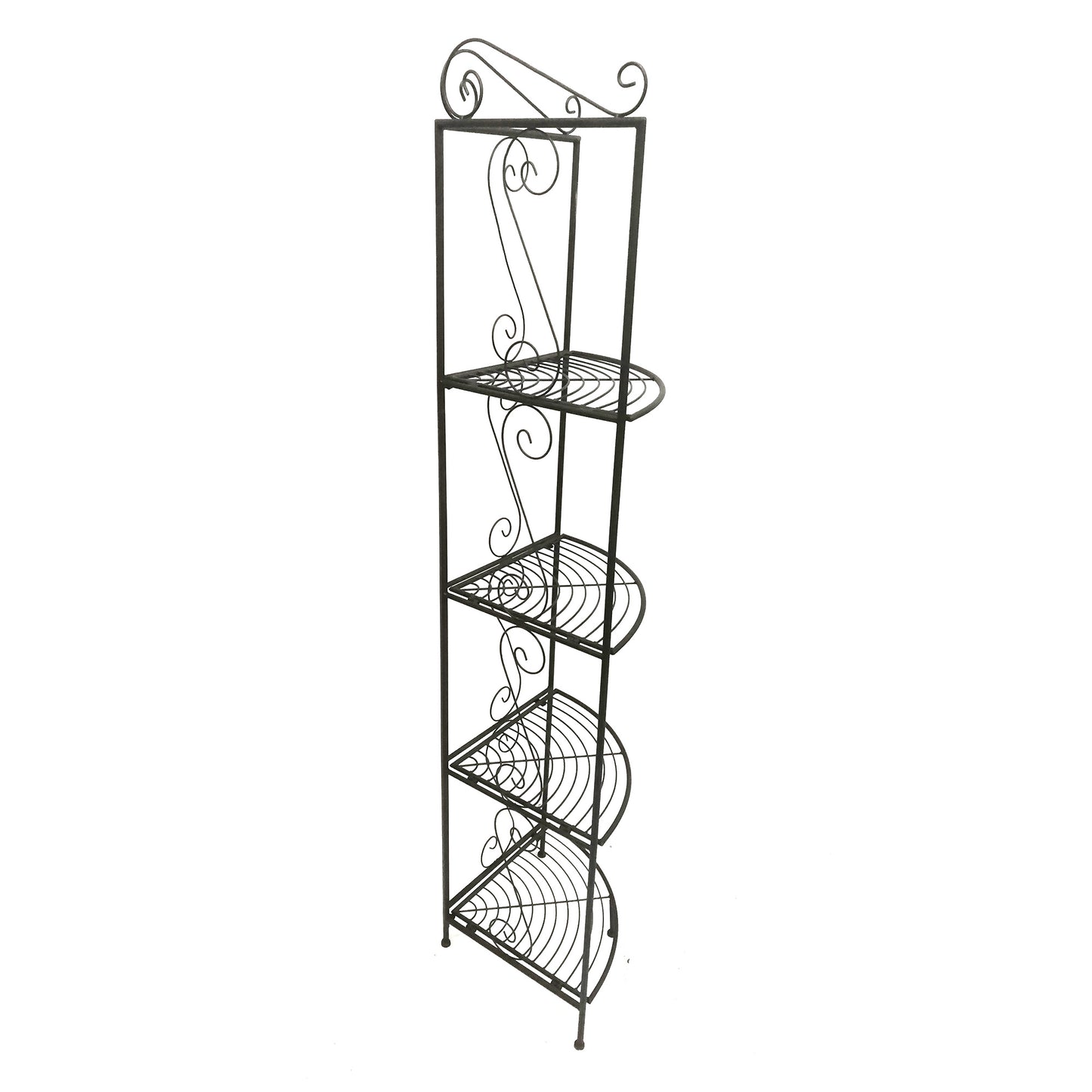 Four Tier Metal Foldable Corner Bookcase with Decorative Scrolled Details, Black