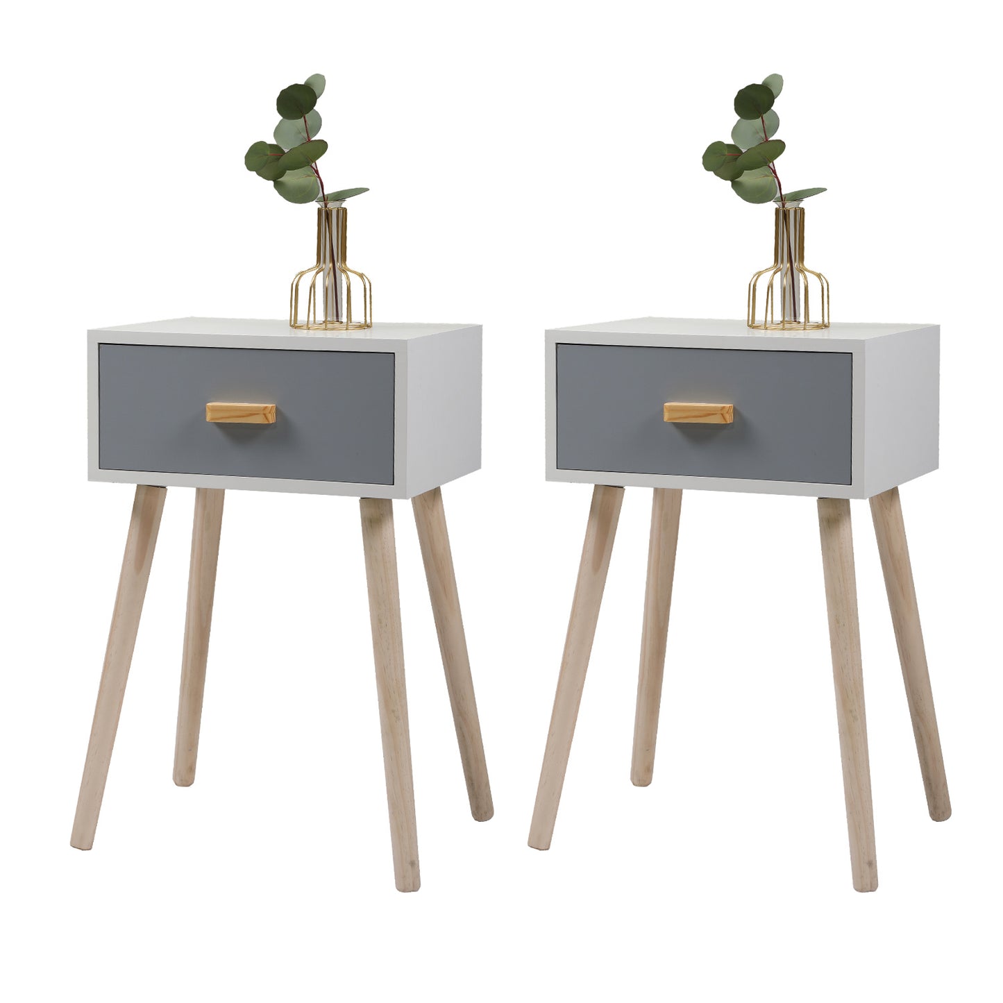 2 Pieces Bedside Table, Wooden End Table with Drawer