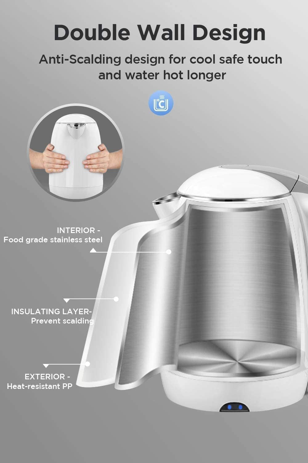 Stainless Steel Hot Water Boiler, Cool Touch Anti-Scald Double Wall Electric Tea Kettle