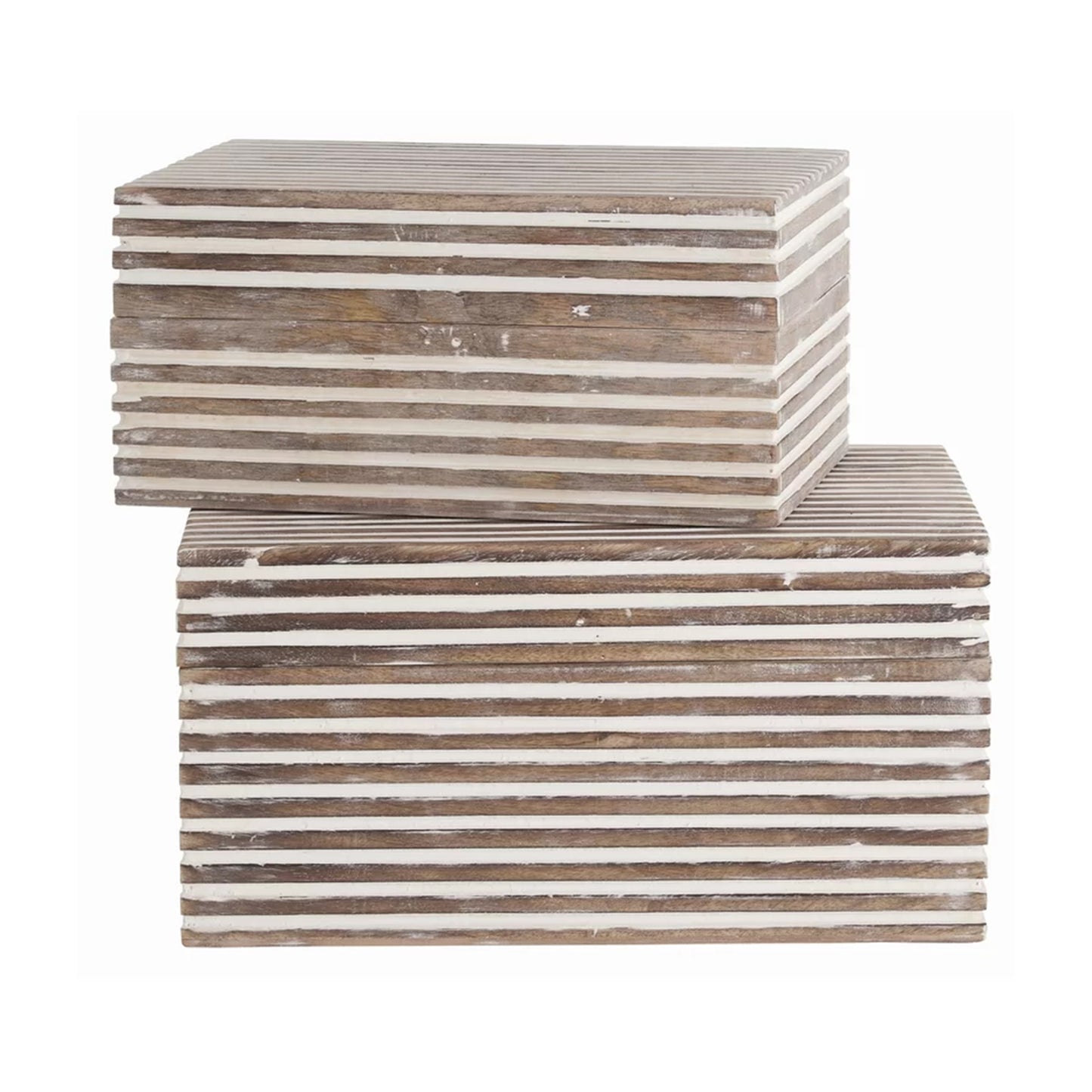 Stripe Pattern 2 Piece Rectangular Wooden Jewelry Box, Whitewash