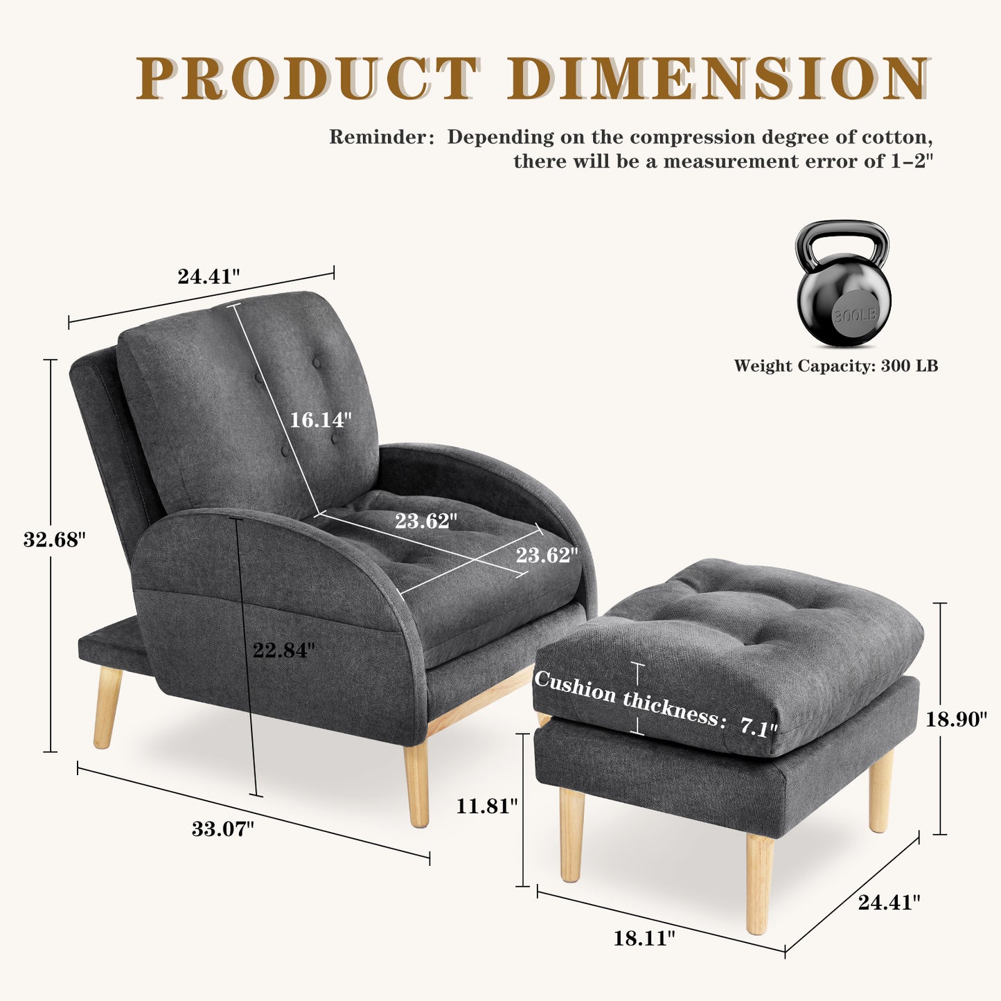 Chair with Ottoman, Soft Fabric Armchair with Adjustable Backrest and Side Pocket XH