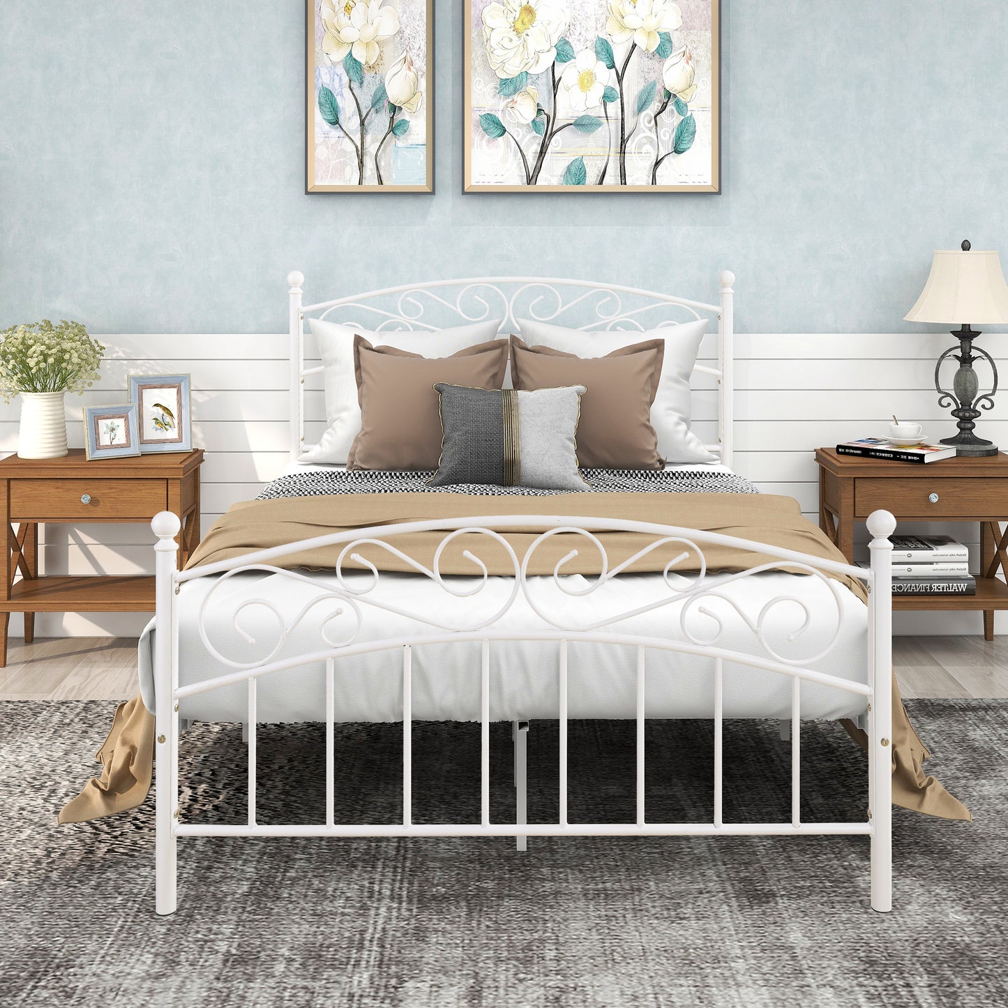 Full Size Metal Bed Frame with Headboard and Footboard Sturdy White Steel
