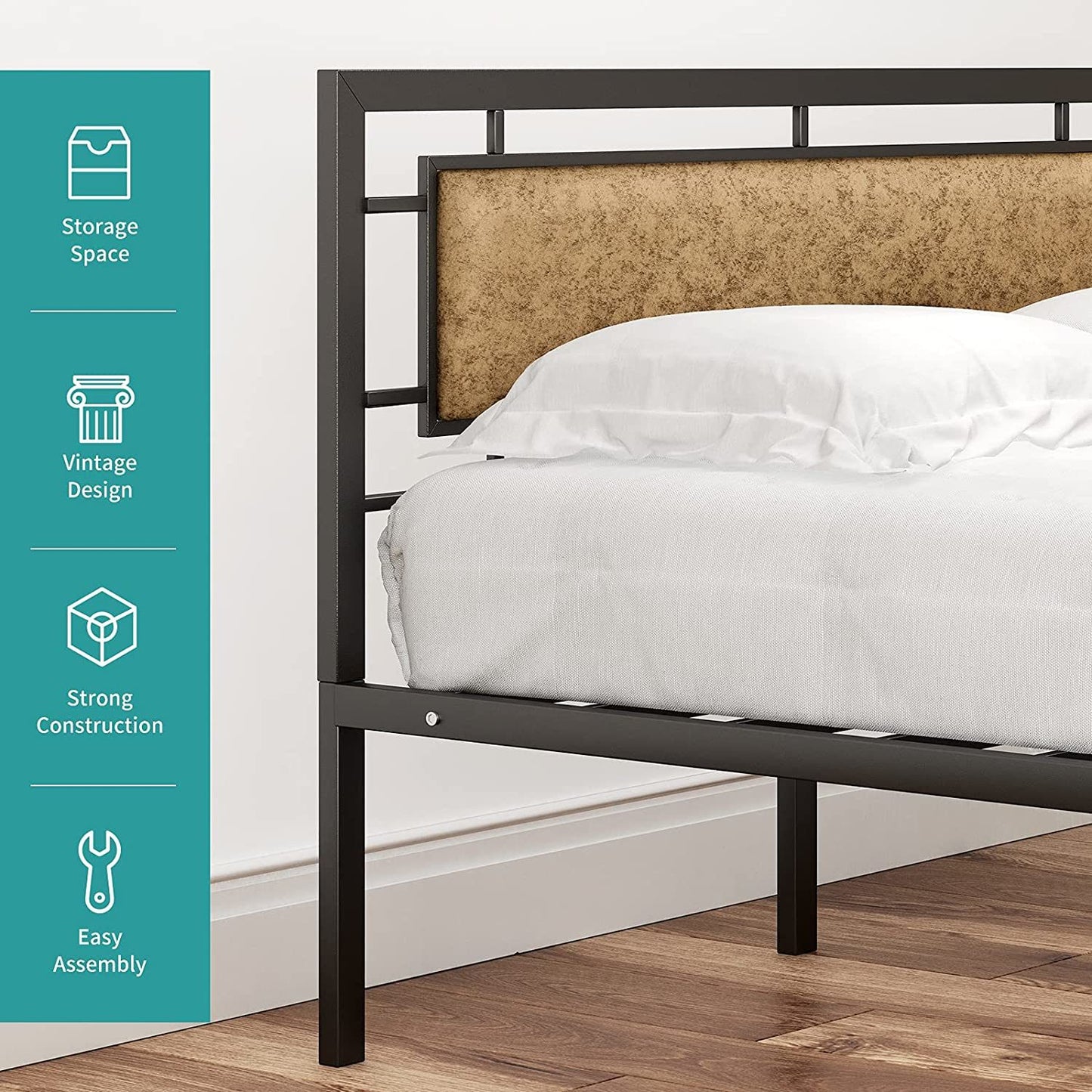 mecor Metal Queen Bed Frame with Upholstered Faux Leather Headboard