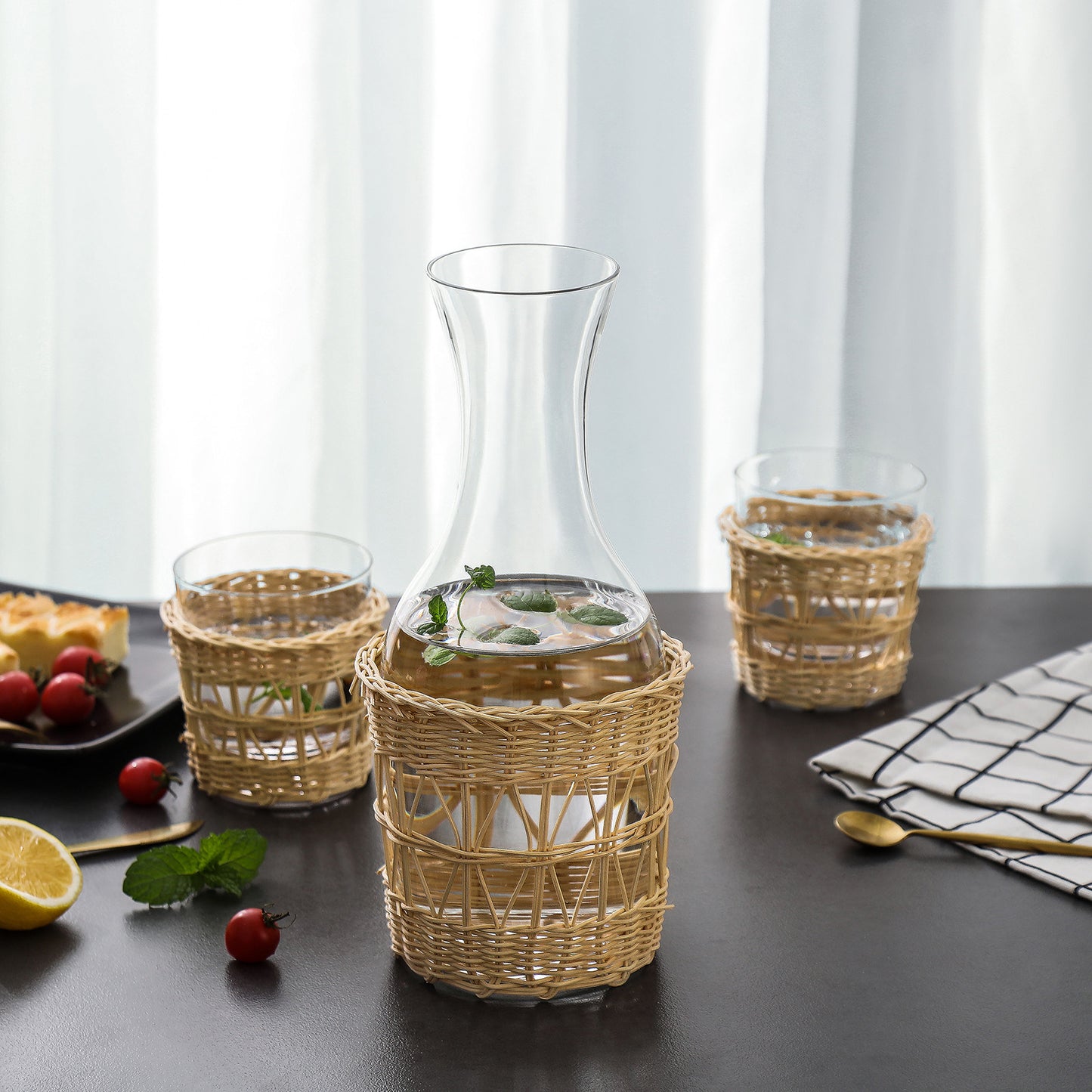 Bedside Night Water Carafe Set with Removable Hand Woven Rattan
