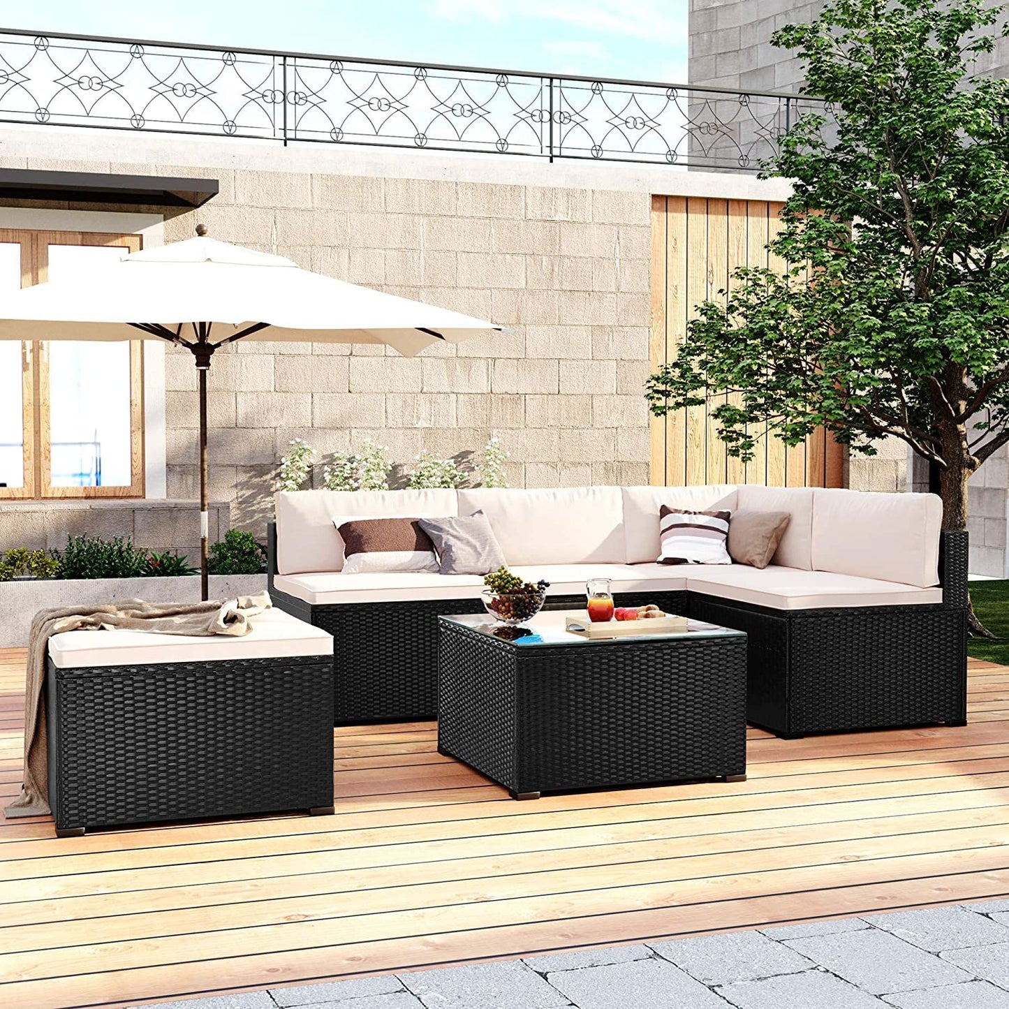 6-Piece Outdoor Furniture Set with PE Rattan Wicker, Patio Garden Sectional Sofa Chair, removable cushions