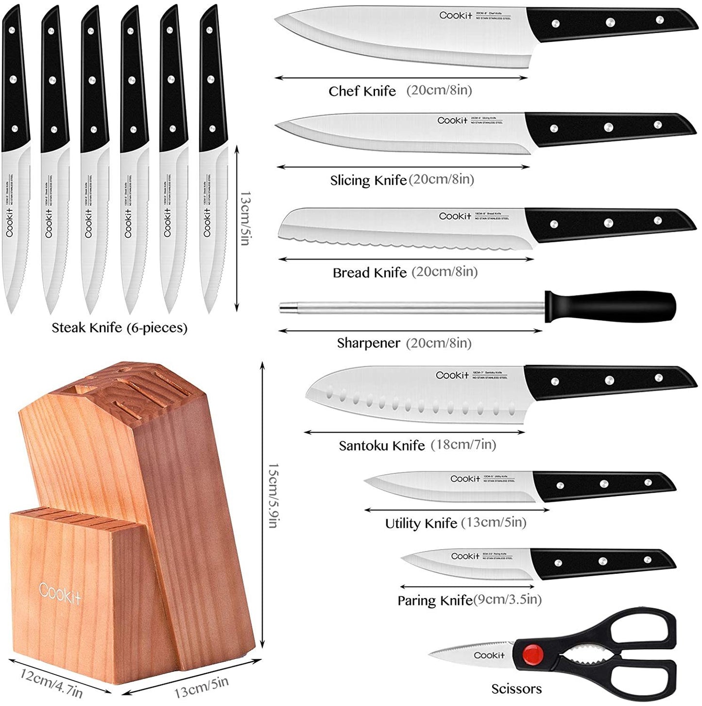 Knife Block Set with Knives, 15 Piece Kitchen Knife Sets with Wood Block