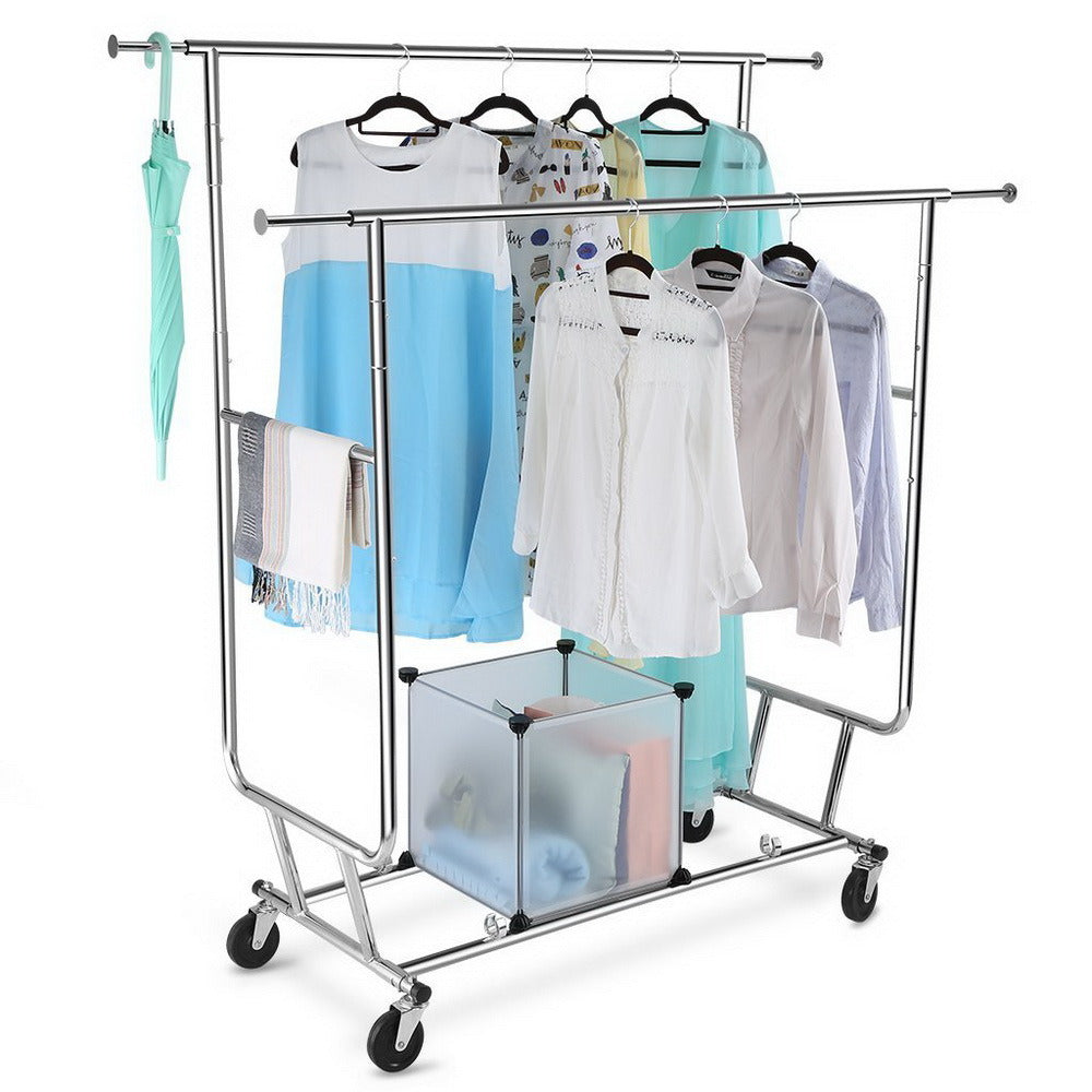 Heavy Duty Steel Double-bar Garment Rack Hanger Silver RT