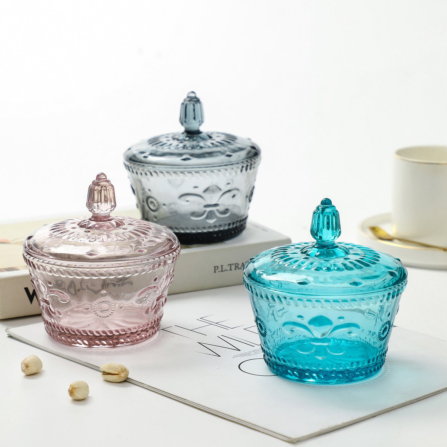 Colorful Embossed Glass Candy Jars with Lids
