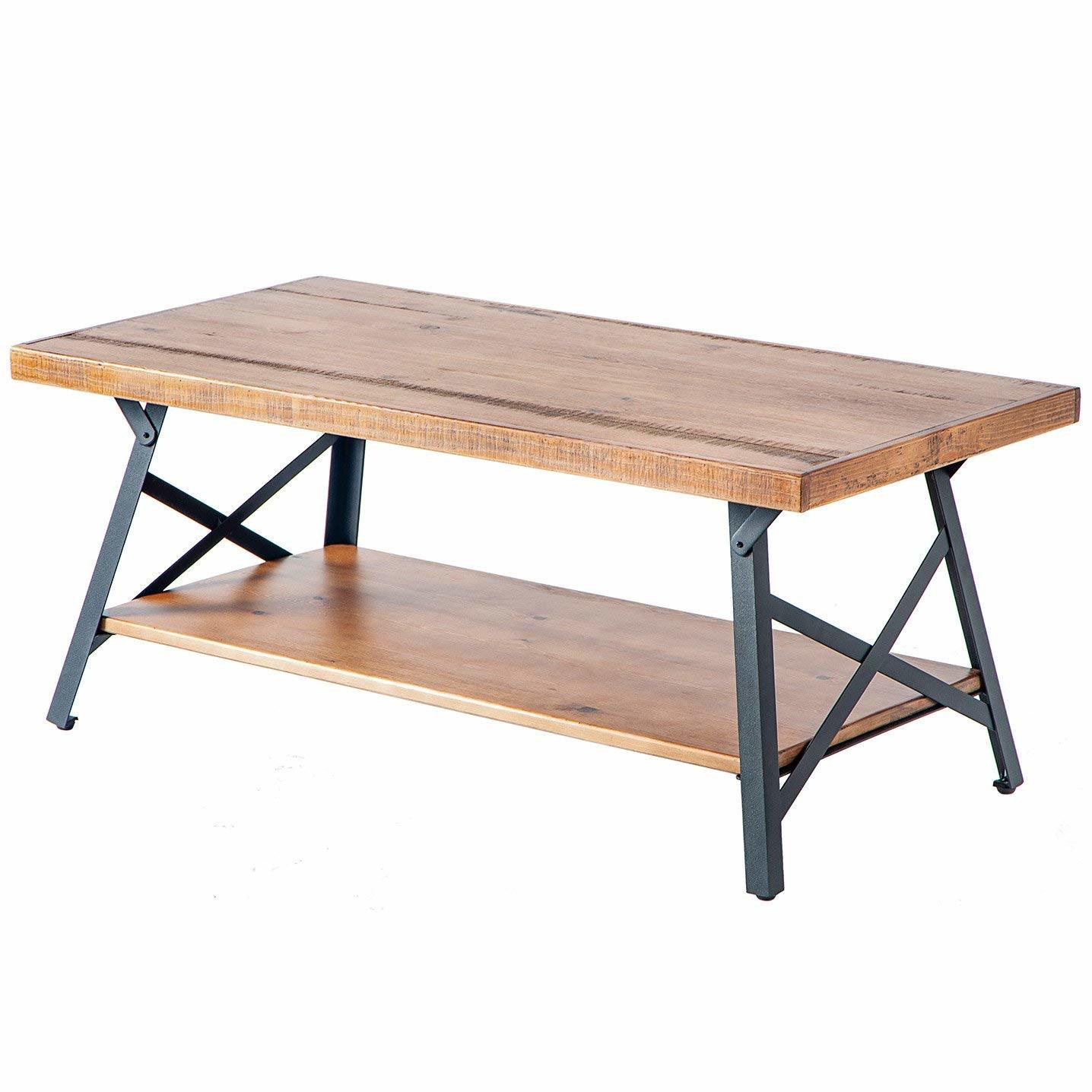 Wood Coffee Table, Rustic Industrial Solid Wood Coffee Table with Metal Legs and Storage Shelve, 43 Inches RT