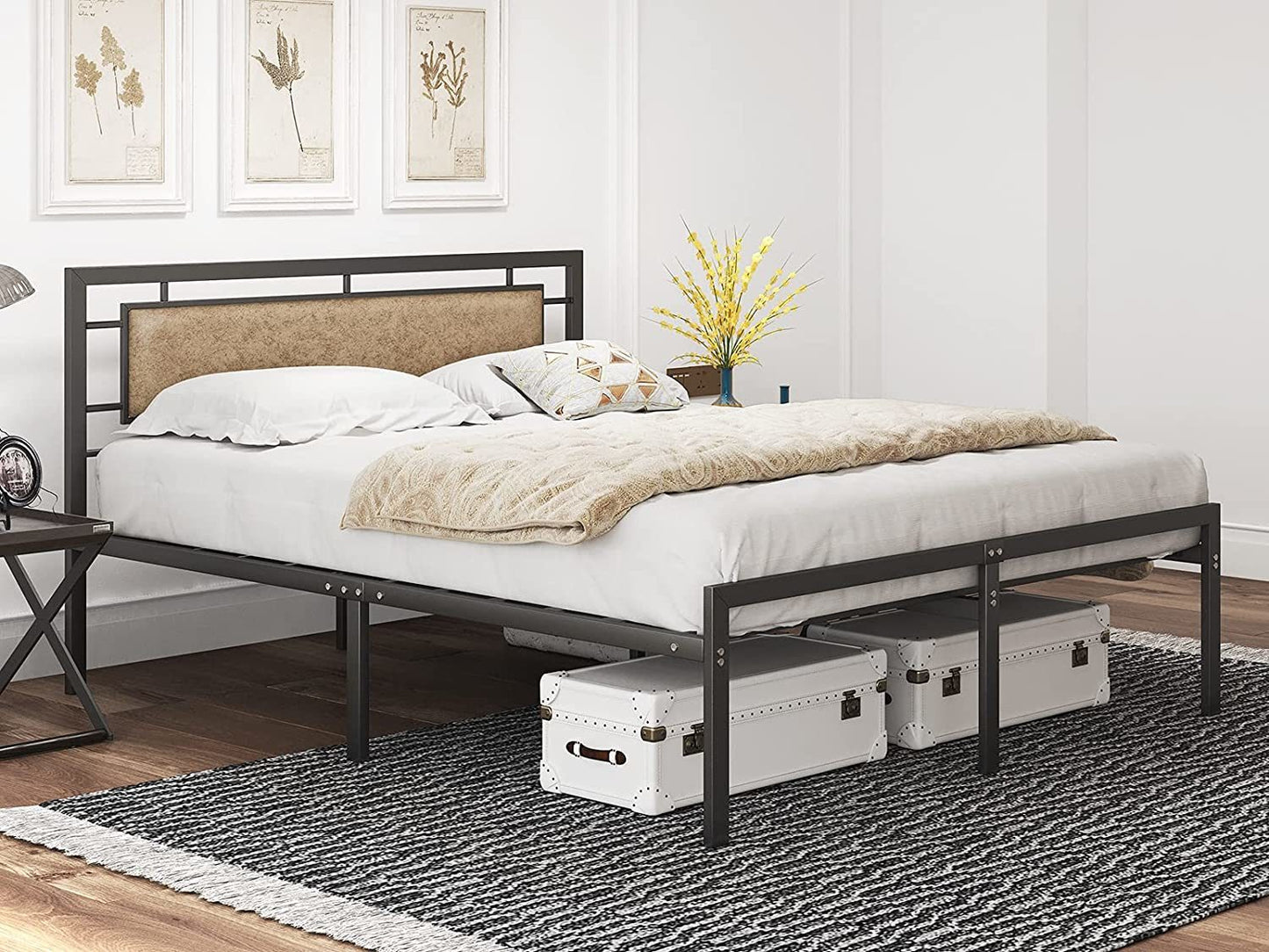 mecor Metal Queen Bed Frame with Upholstered Faux Leather Headboard