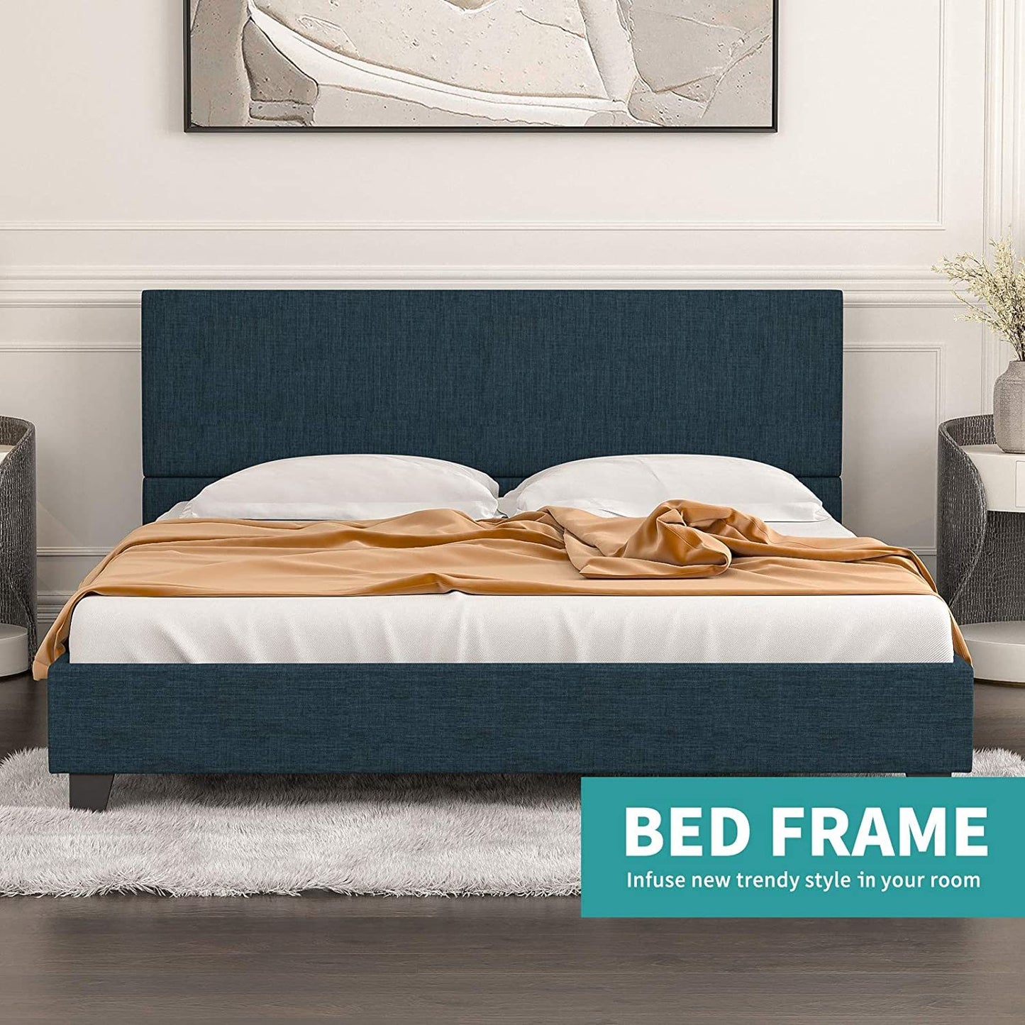 mecor Upholstered Linen Platform Bed Frame | Queen Bed Frame with Fabric Headboard