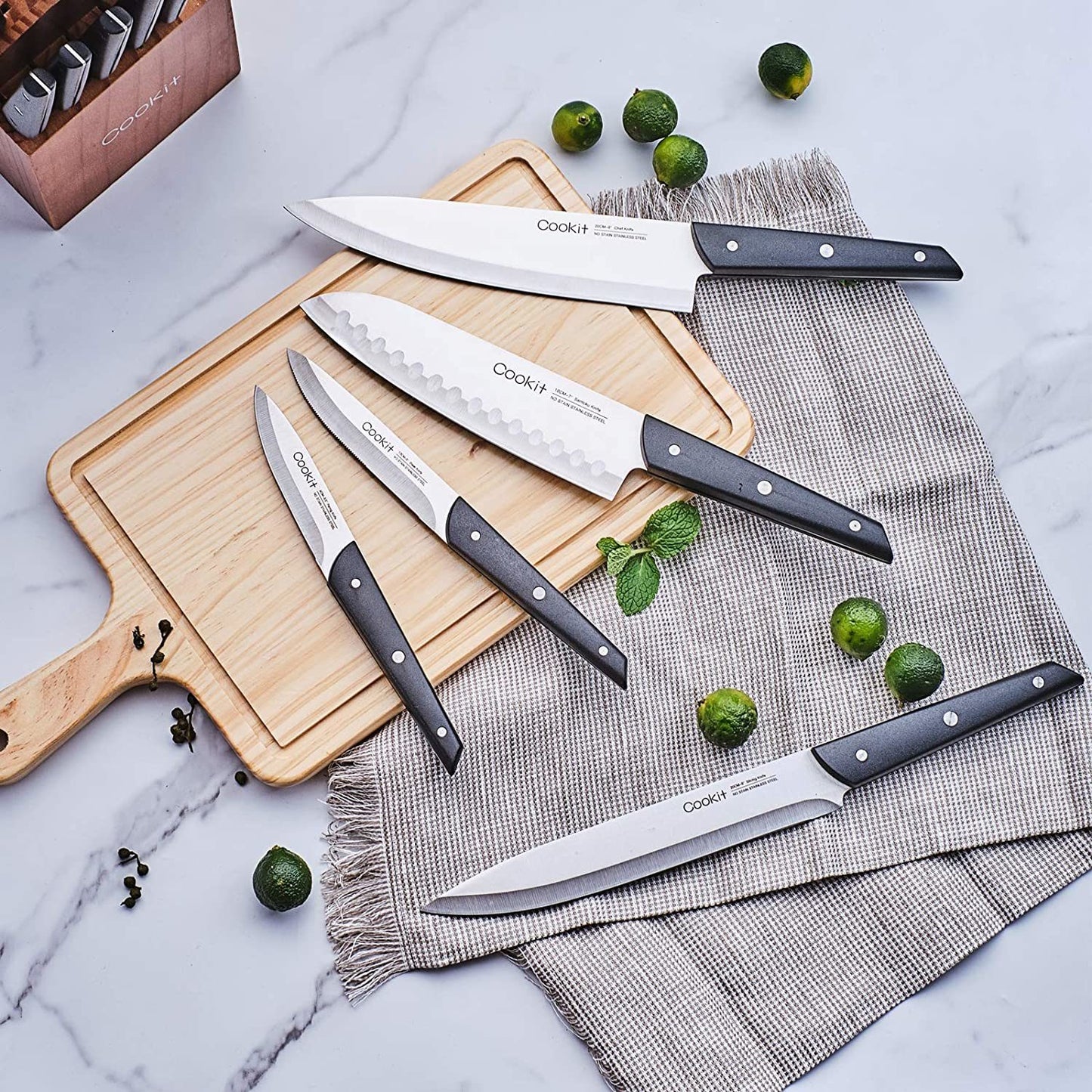 Knife Block Set with Knives, 15 Piece Kitchen Knife Sets with Wood Block
