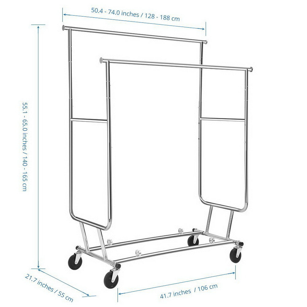 Heavy Duty Steel Double-bar Garment Rack Hanger Silver RT