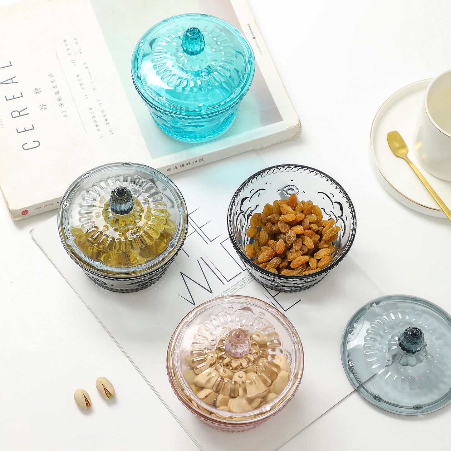Colorful Embossed Glass Candy Jars with Lids