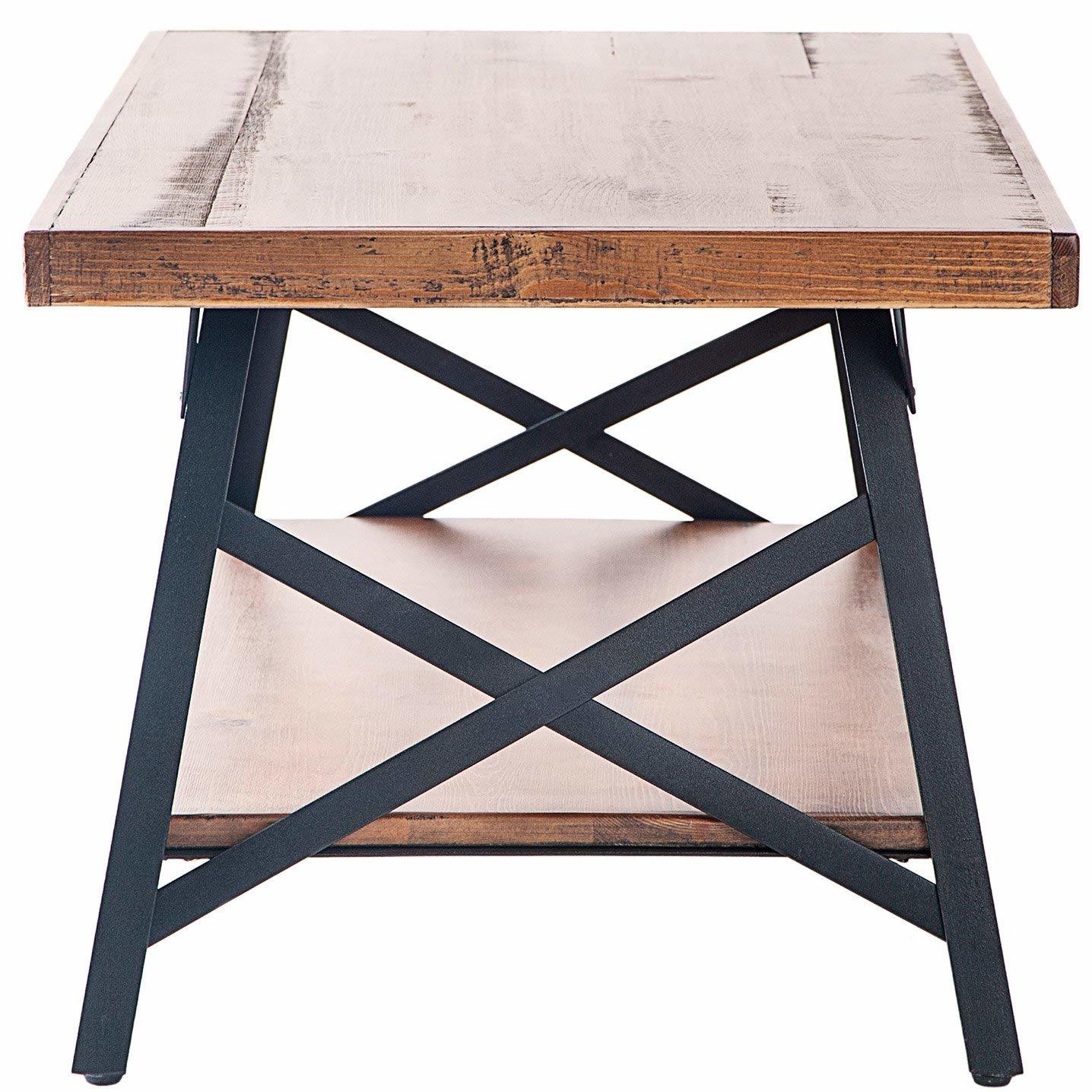 Wood Coffee Table, Rustic Industrial Solid Wood Coffee Table with Metal Legs and Storage Shelve, 43 Inches RT