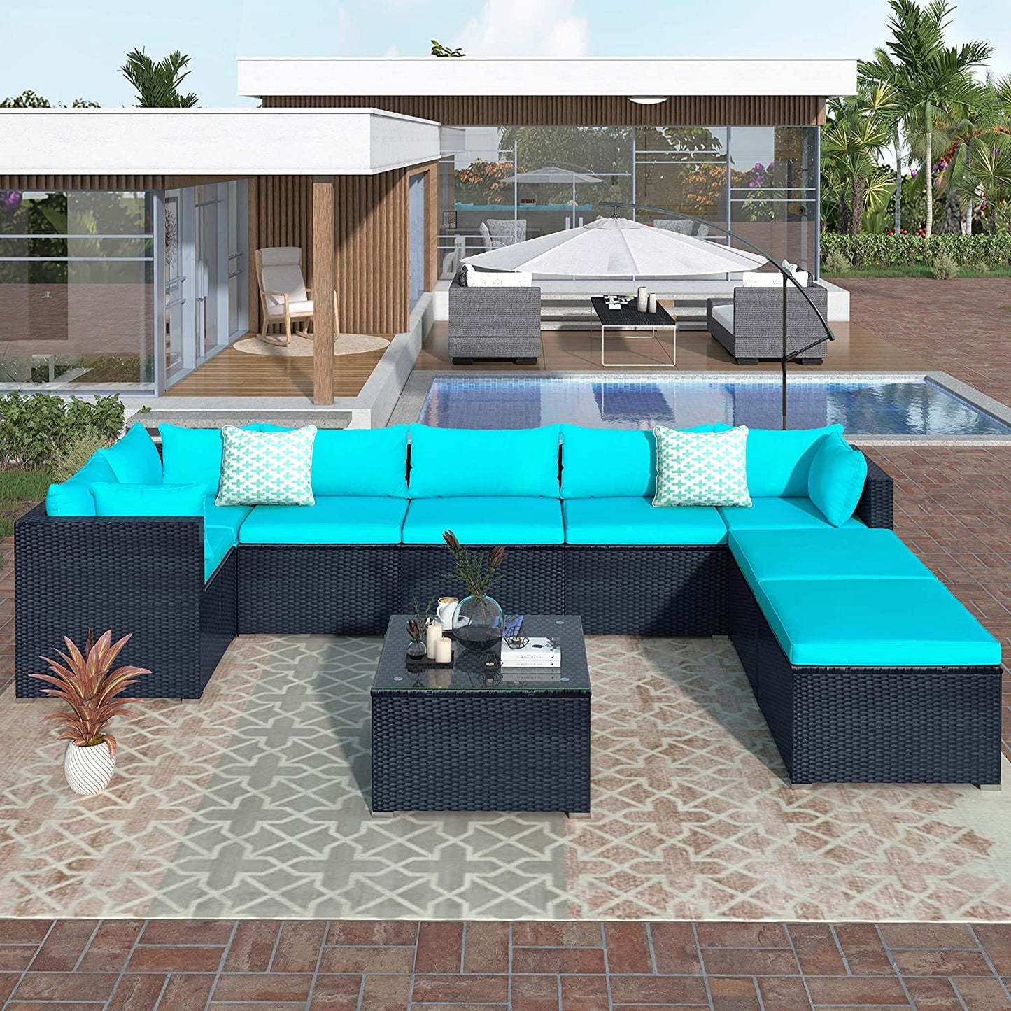 9-piece Outdoor Patio PE Wicker Rattan conversation Sectional Sofa sets with 3 sofa