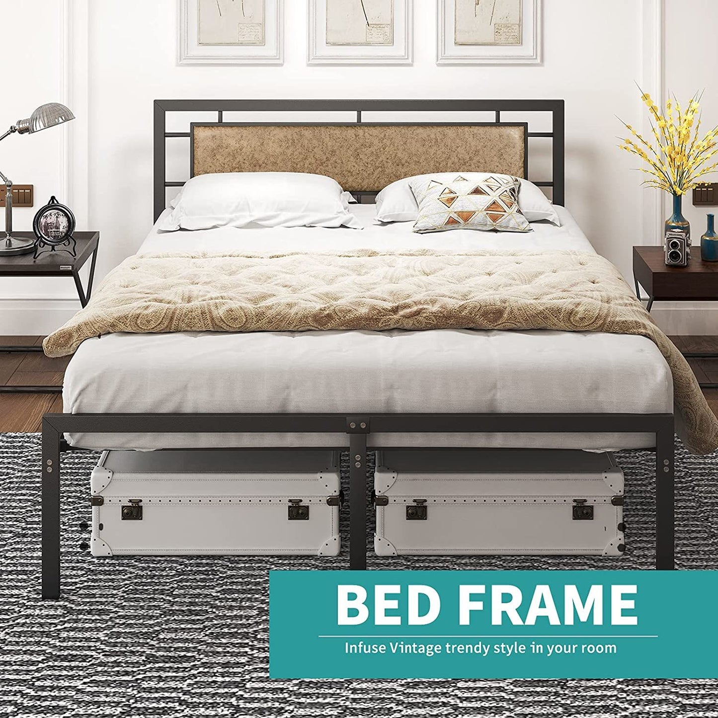 mecor Metal Queen Bed Frame with Upholstered Faux Leather Headboard