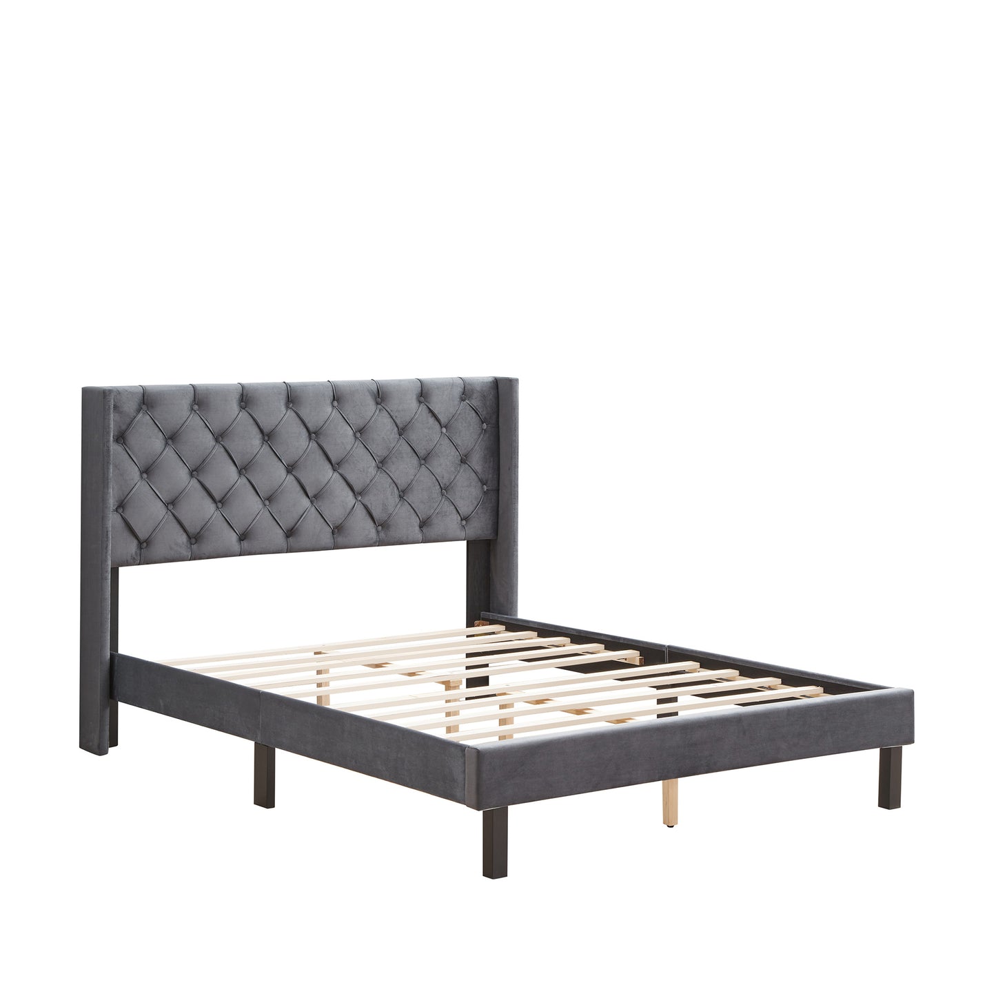 Upholstered Bed with Wings Design - Strong Wood Slat Support