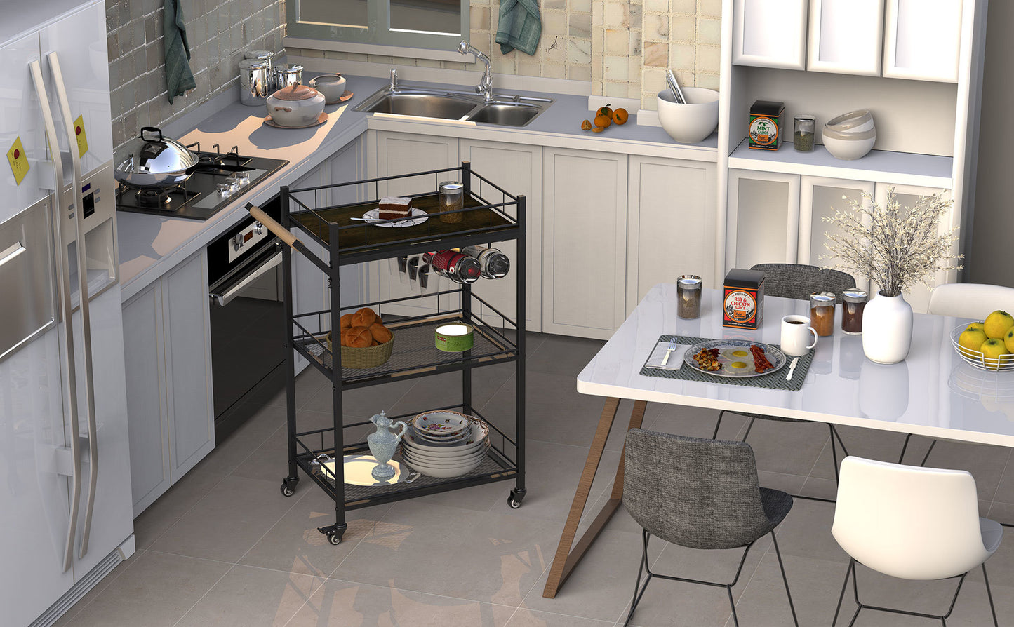 3 Tier Metal Mesh Rolling Storage Cart, Mesh Storage Pantry Cart with Lockable Wheels Wood Look Top and Metal Frame