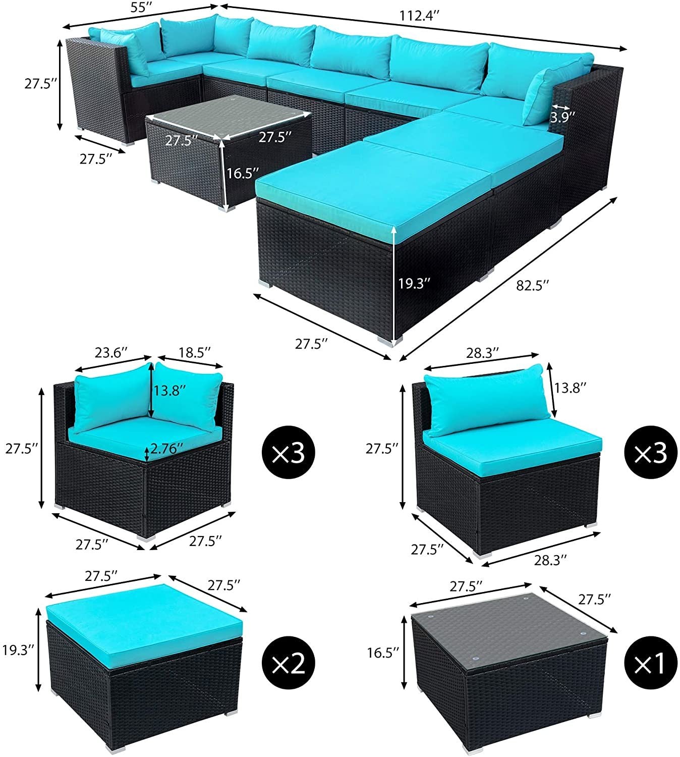 9-piece Outdoor Patio PE Wicker Rattan conversation Sectional Sofa sets with 3 sofa