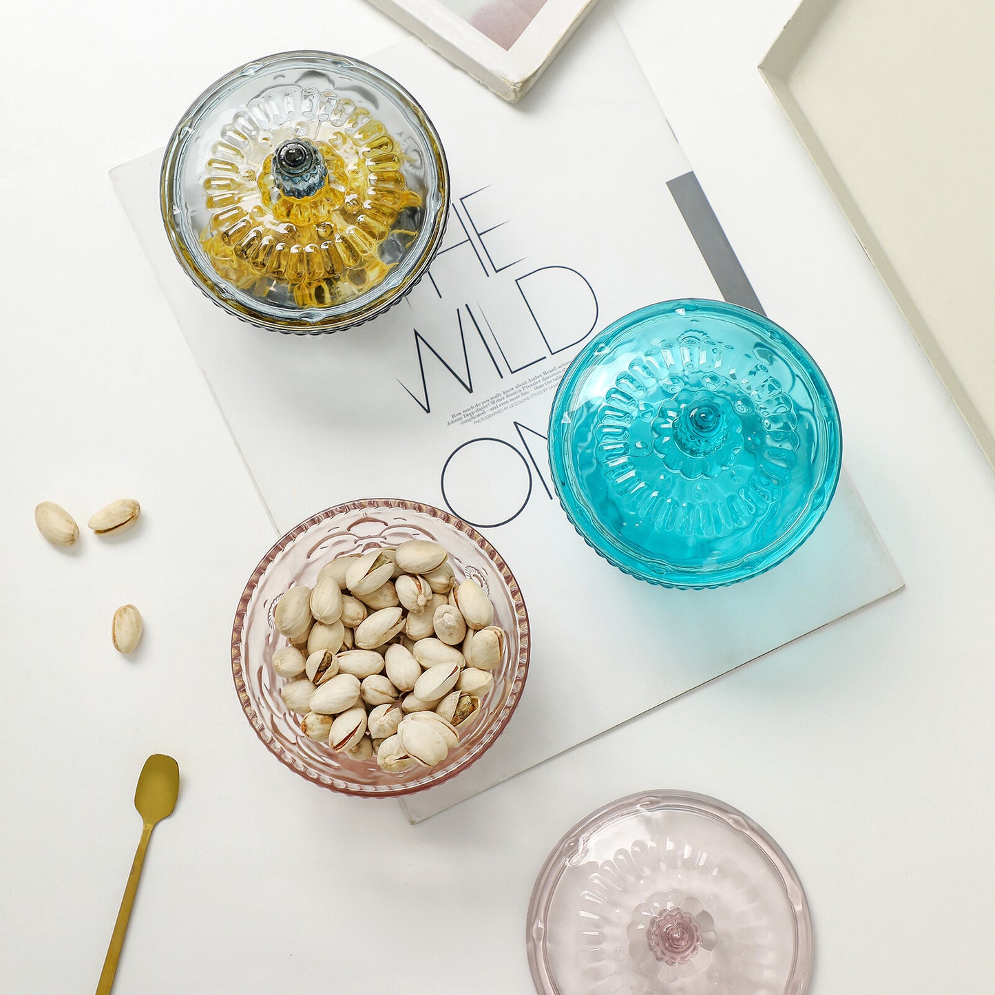 Colorful Embossed Glass Candy Jars with Lids