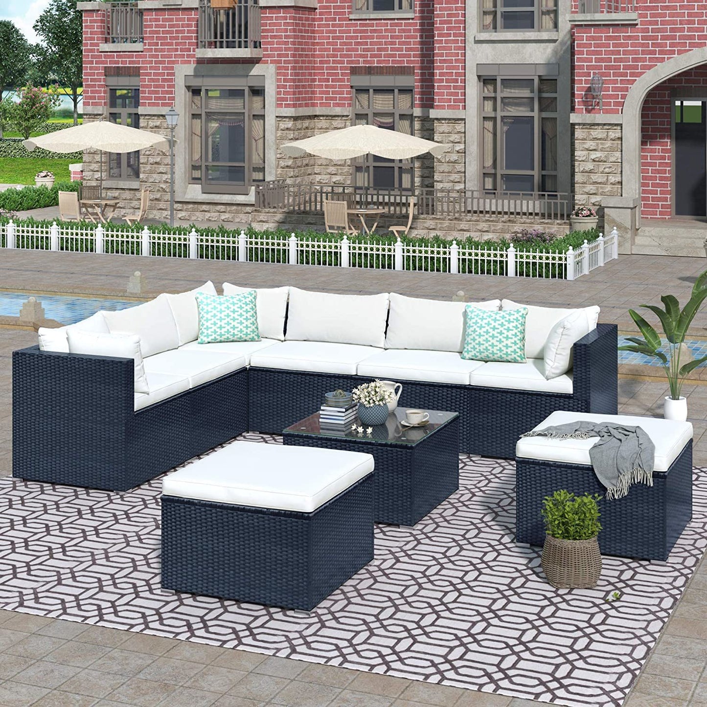 9-piece Outdoor Patio PE Wicker Rattan conversation Sectional Sofa sets with 3 sofa