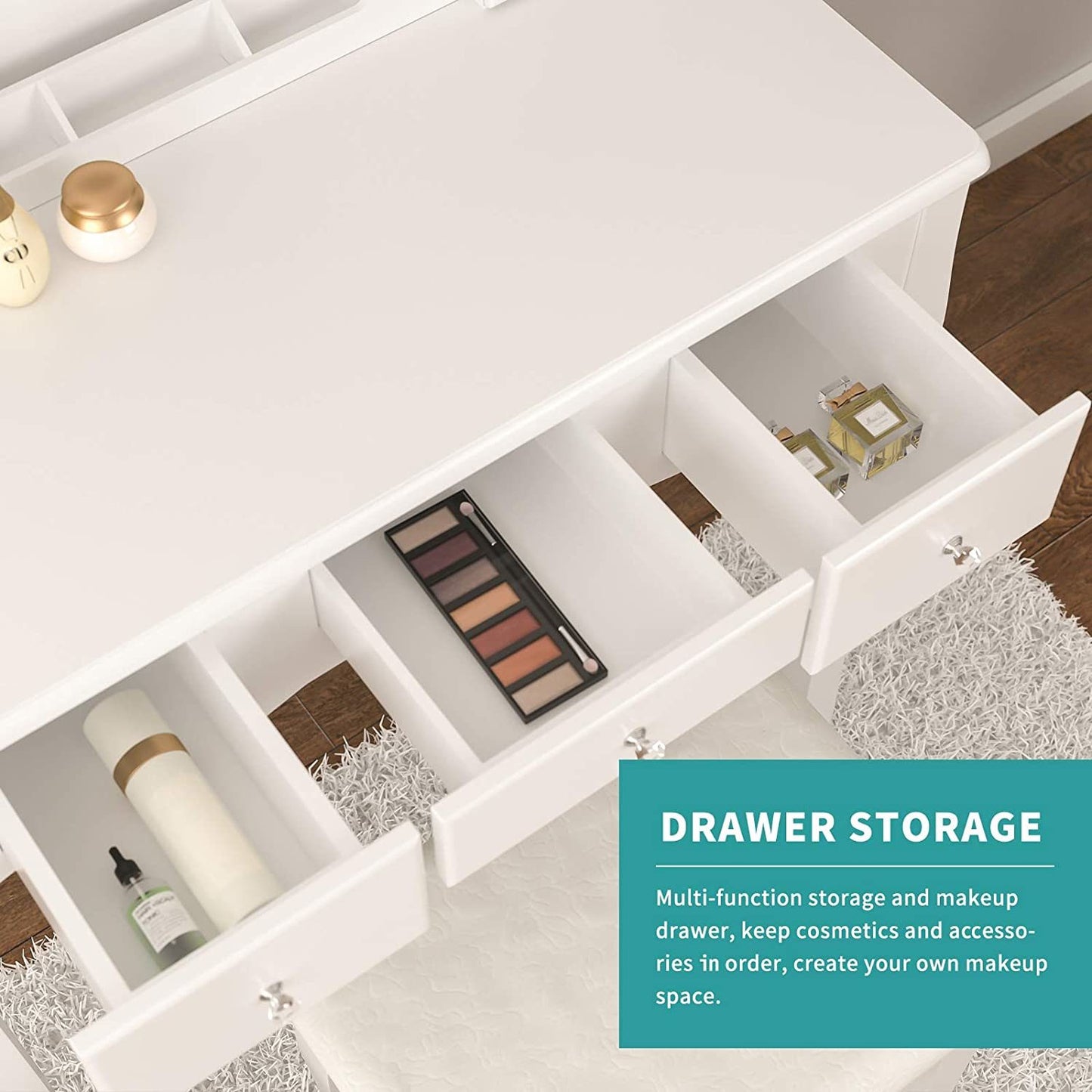 Mecor Makeup Vanity w/Square Mirror, White Vanity Set with Cushioned Stool,Wood Dressing Table with 5 Drawers,3 Removable Dividers Girls Women Bedroom Bathroom Makeup Furnitures--YS