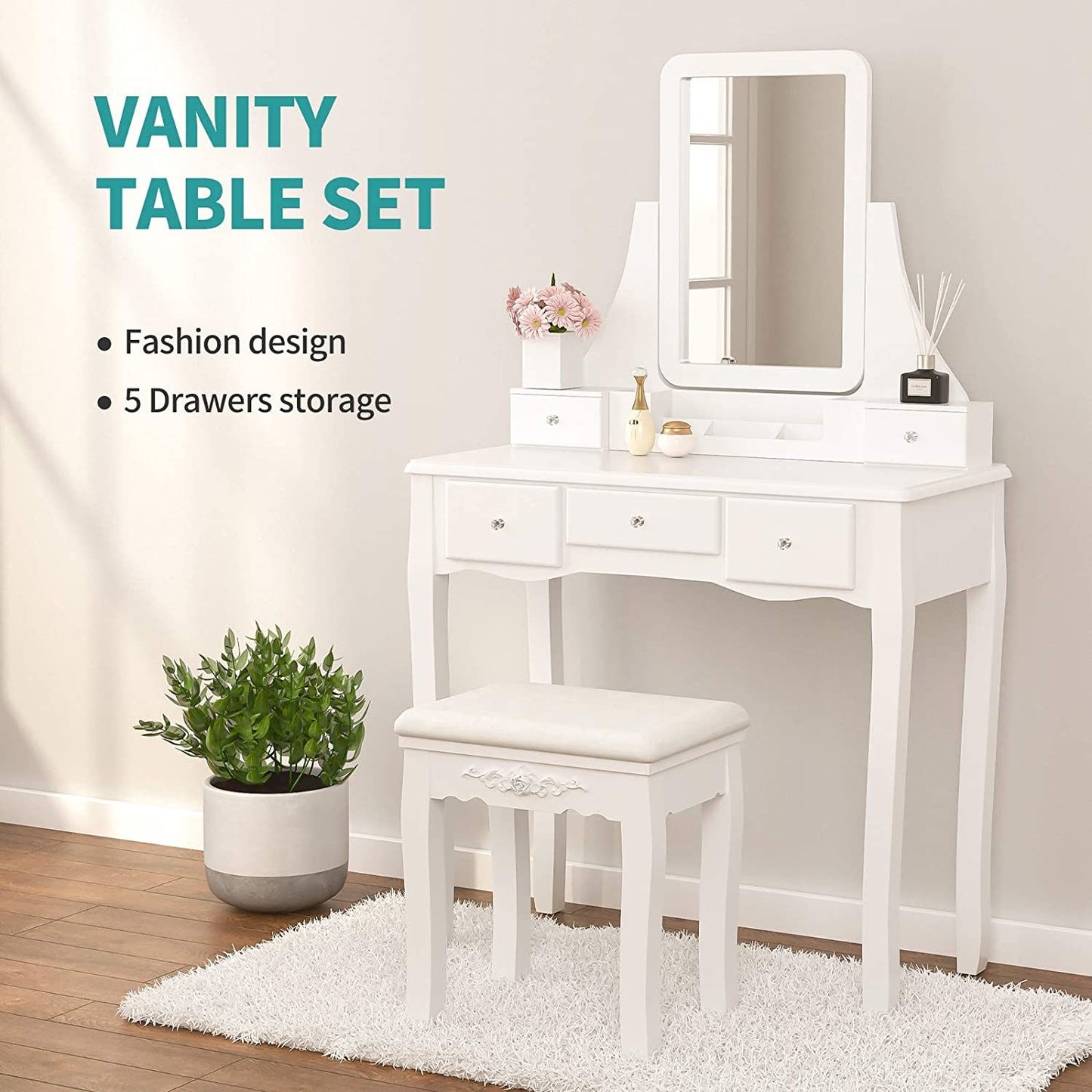 Mecor Makeup Vanity w/Square Mirror, White Vanity Set with Cushioned Stool,Wood Dressing Table with 5 Drawers,3 Removable Dividers Girls Women Bedroom Bathroom Makeup Furnitures--YS