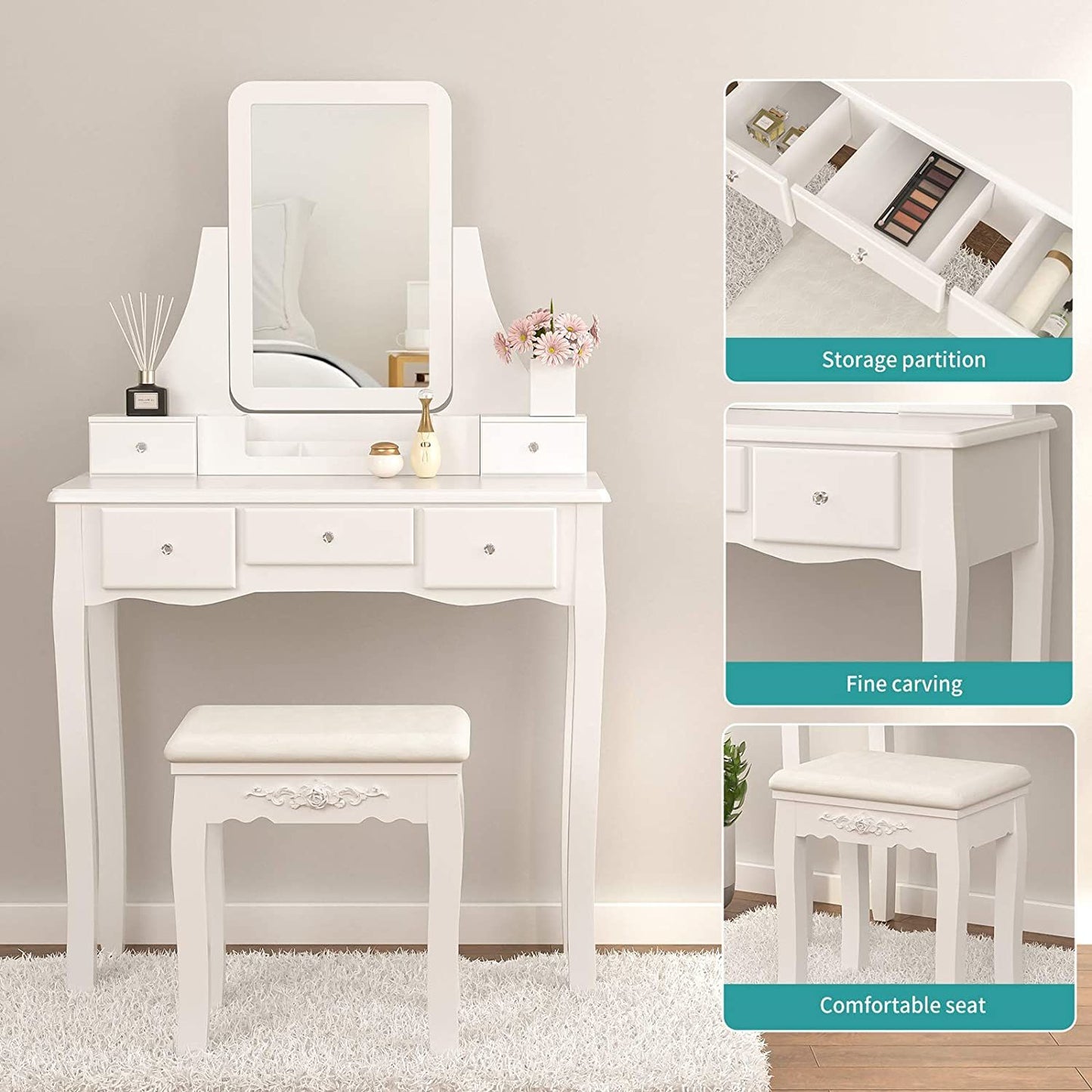Mecor Makeup Vanity w/Square Mirror, White Vanity Set with Cushioned Stool,Wood Dressing Table with 5 Drawers,3 Removable Dividers Girls Women Bedroom Bathroom Makeup Furnitures--YS