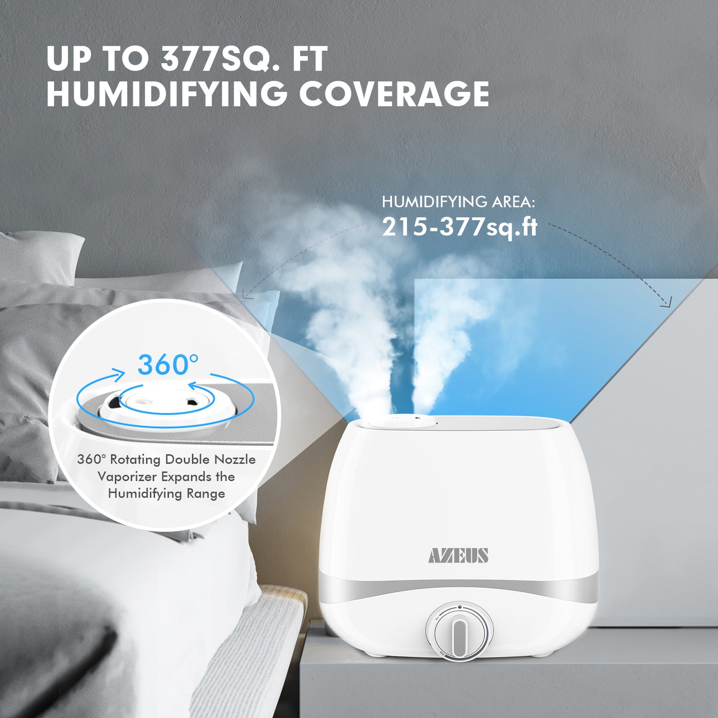 AZEUS 5L (1.32Gal) Ultrasonic Cool Mist Humidifier (BPA Free)