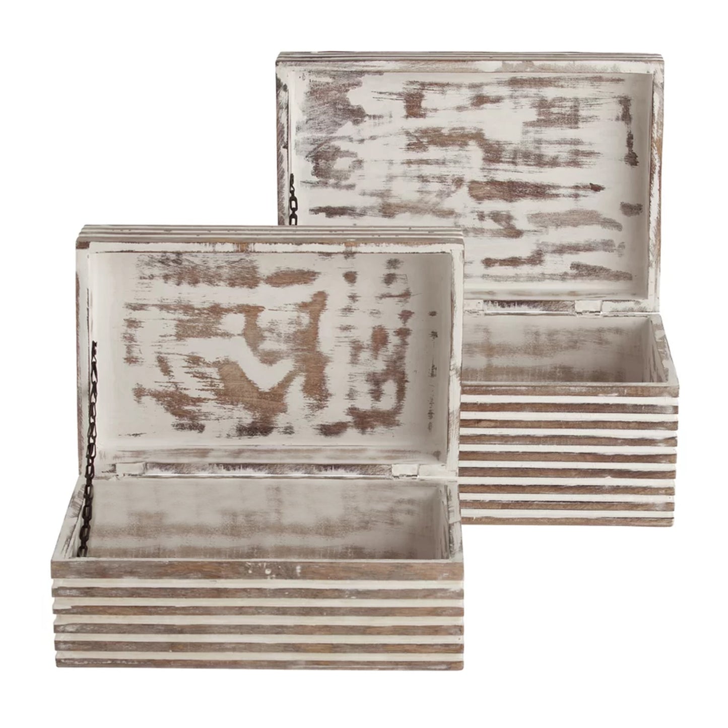 Stripe Pattern 2 Piece Rectangular Wooden Jewelry Box, Whitewash