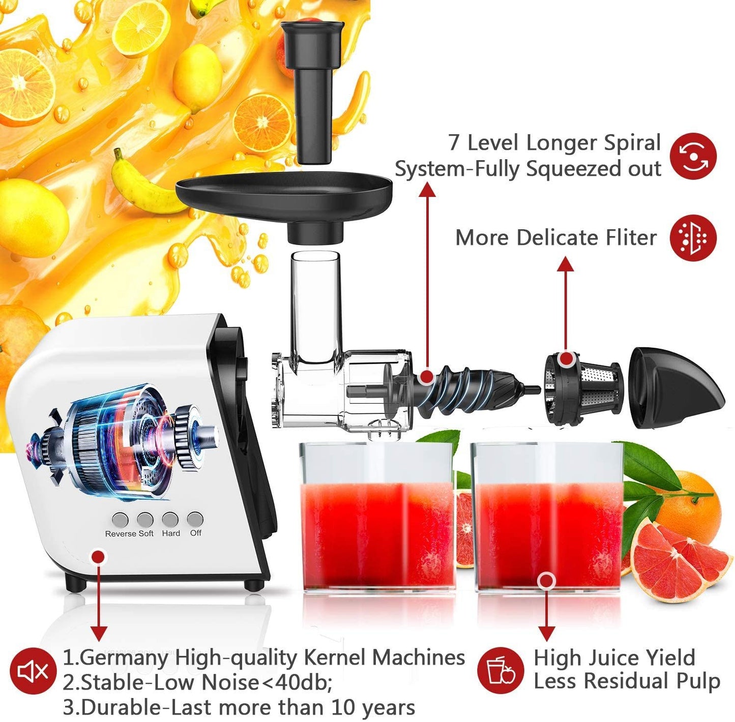 Masticating Juicer with Reversible and Quiet Motor