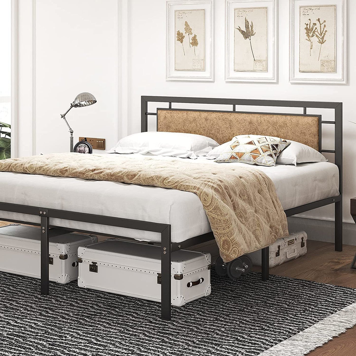 mecor Metal Queen Bed Frame with Upholstered Faux Leather Headboard