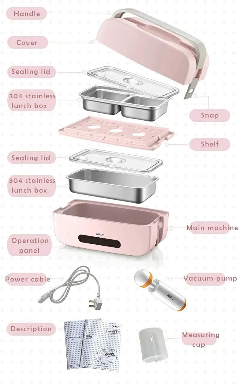 Bear DFH-B10T6 Self Heated Lunch Box, Leakproof Plug-in Lunch Box, with Keep Warm Function, 120V, Pink