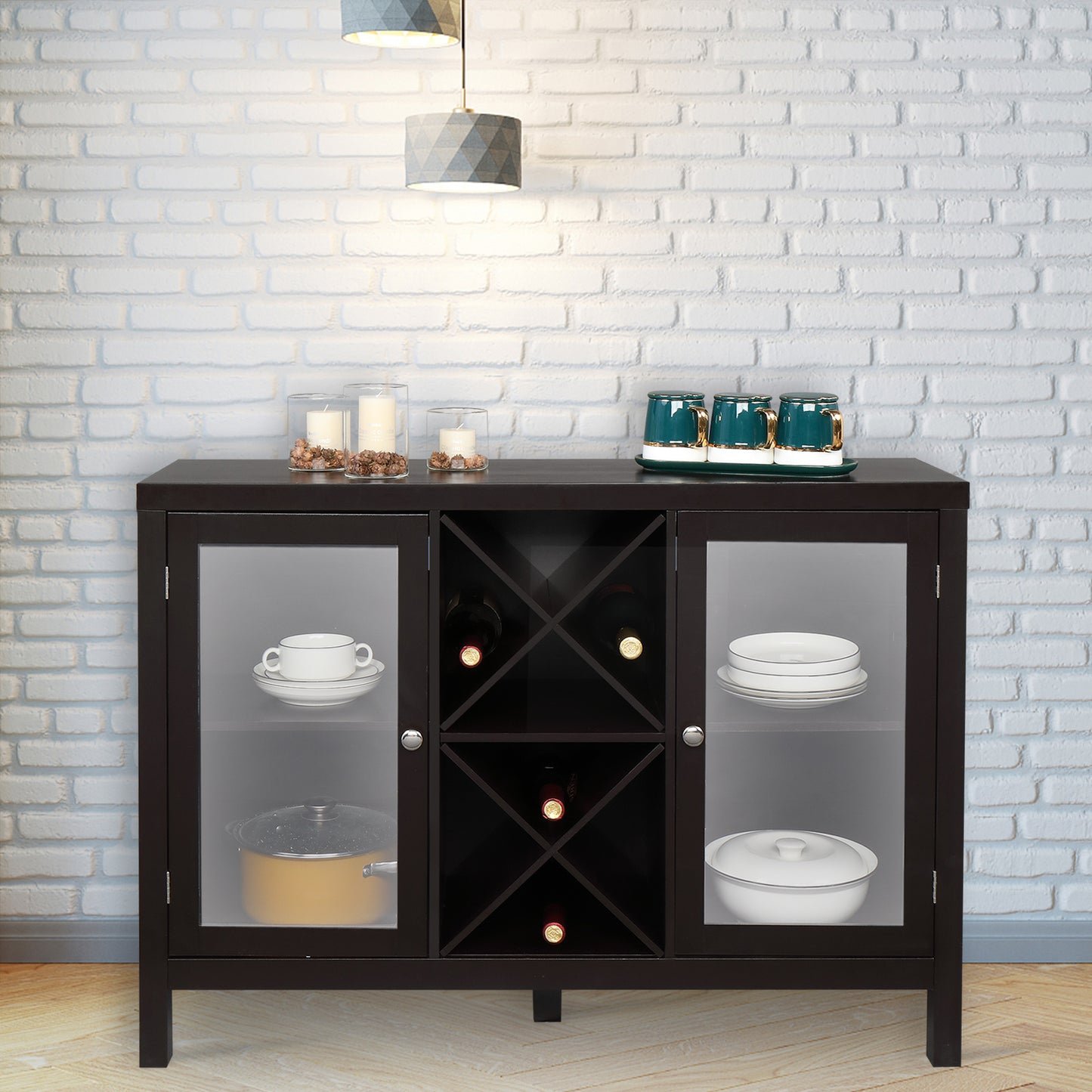 FCH Transparent Double Door with X-shaped Wine Rack Sideboard Entrance Cabinet Brown RT