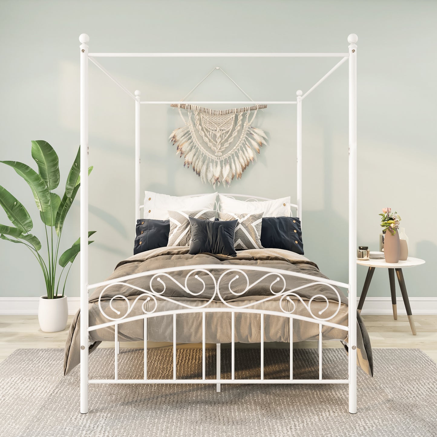 Full Size Metal Bed Frame with Headboard and Footboard Sturdy White Steel
