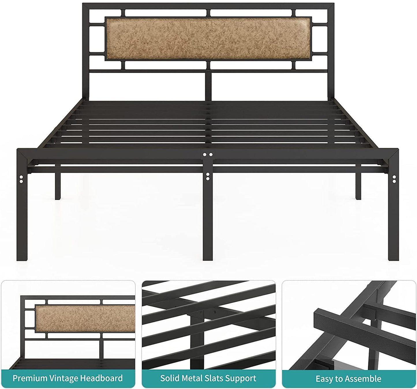 mecor Metal Queen Bed Frame with Upholstered Faux Leather Headboard