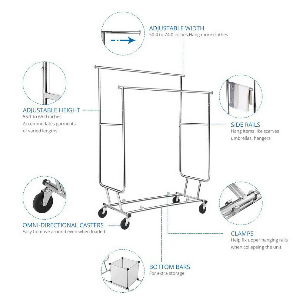 Heavy Duty Steel Double-bar Garment Rack Hanger Silver RT