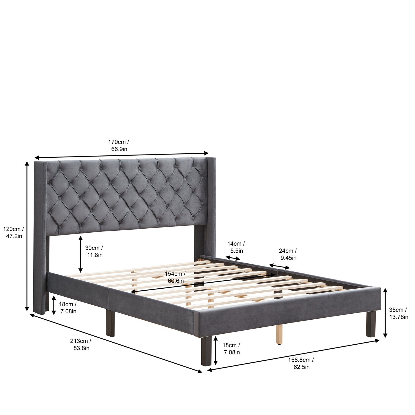 Upholstered Bed with Wings Design - Strong Wood Slat Support