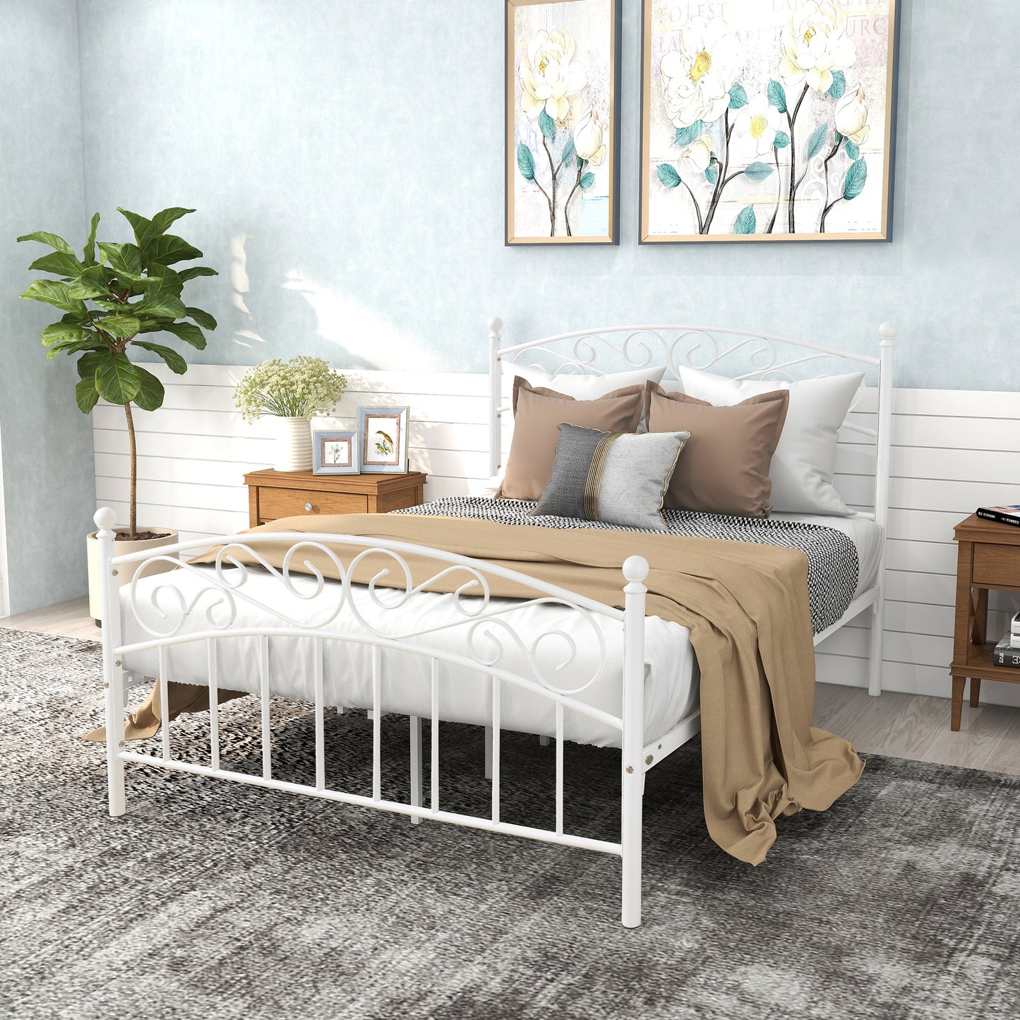 Full Size Metal Bed Frame with Headboard and Footboard Sturdy White Steel