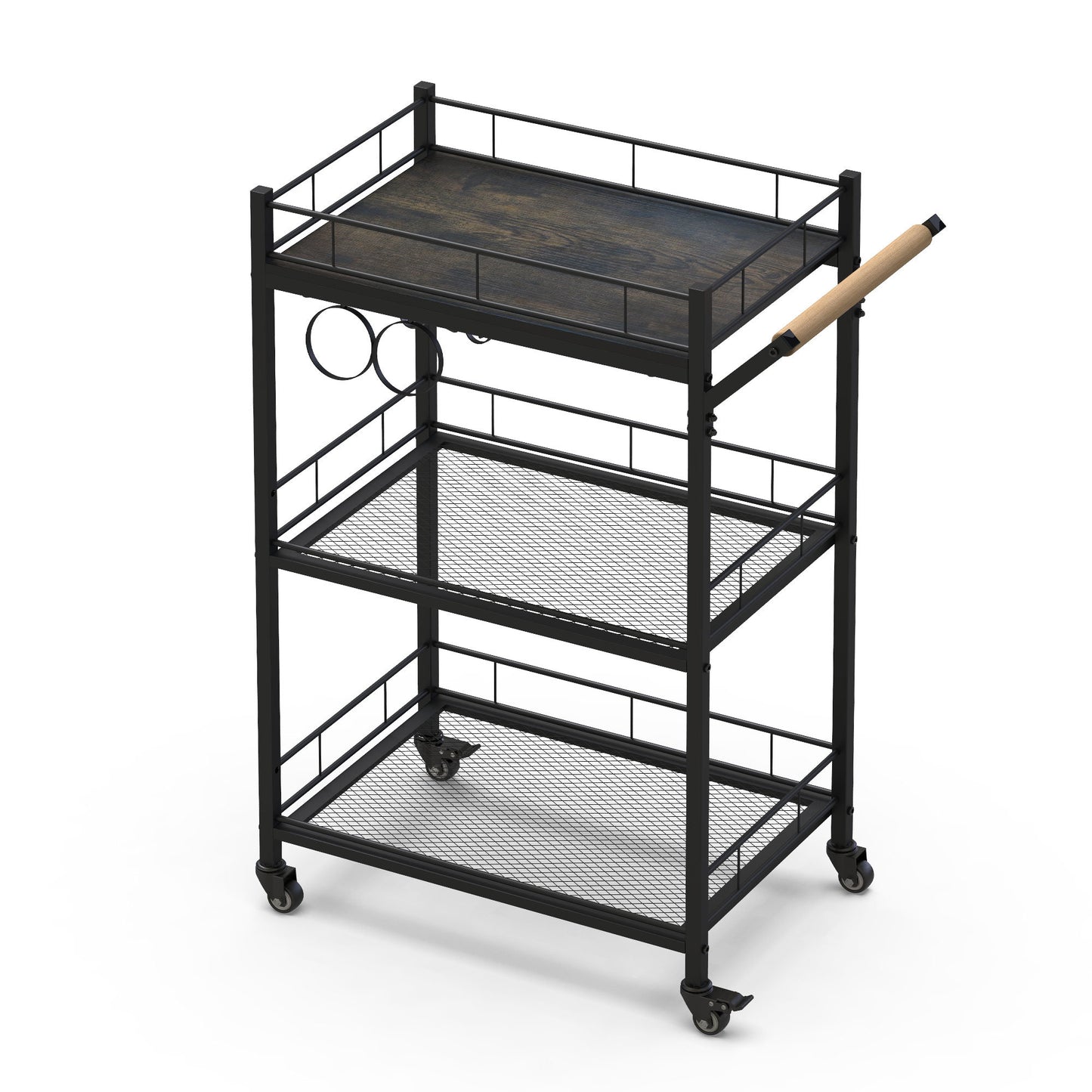 3 Tier Metal Mesh Rolling Storage Cart, Mesh Storage Pantry Cart with Lockable Wheels Wood Look Top and Metal Frame