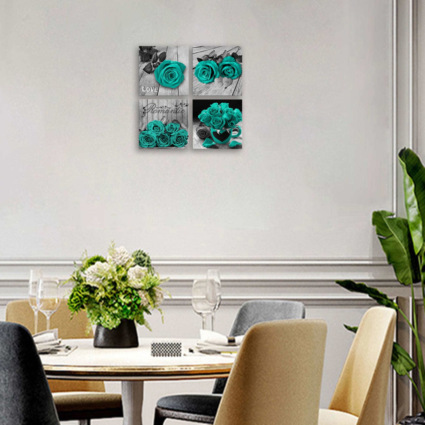 Teal Wall Decor Rose Canvas Wall Art