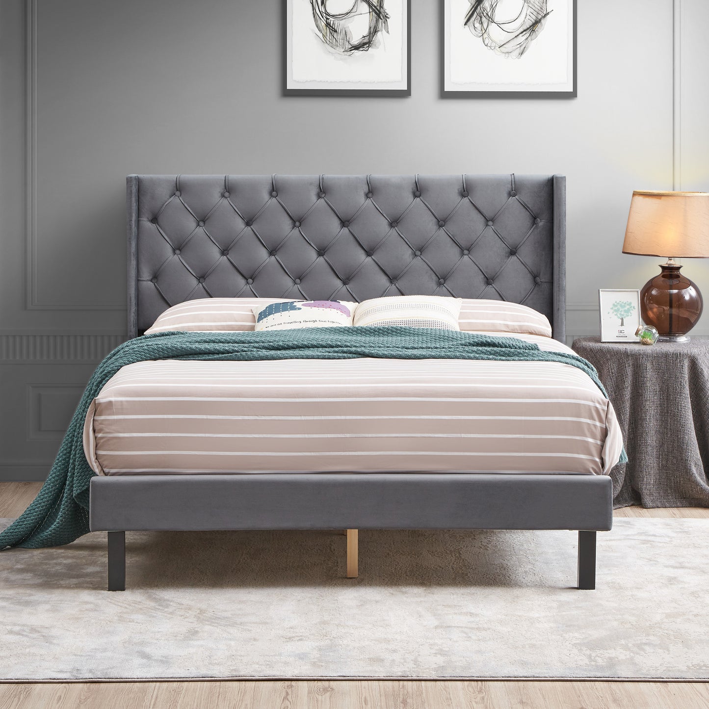 Upholstered Bed with Wings Design - Strong Wood Slat Support